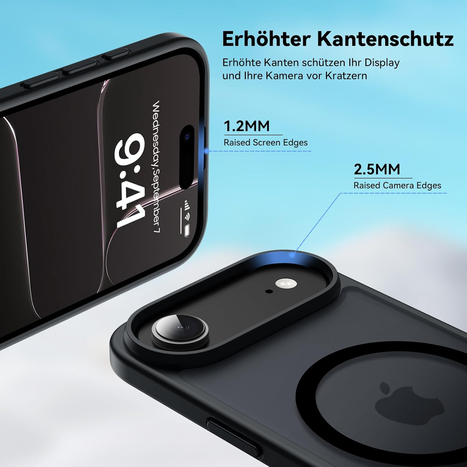 Schwarze Handyhülle mit erhöhten Kanten. Ein Telefon zeigt die Uhrzeit an. Text zeigt erhöhte Bildschirm- und Kameraränder.