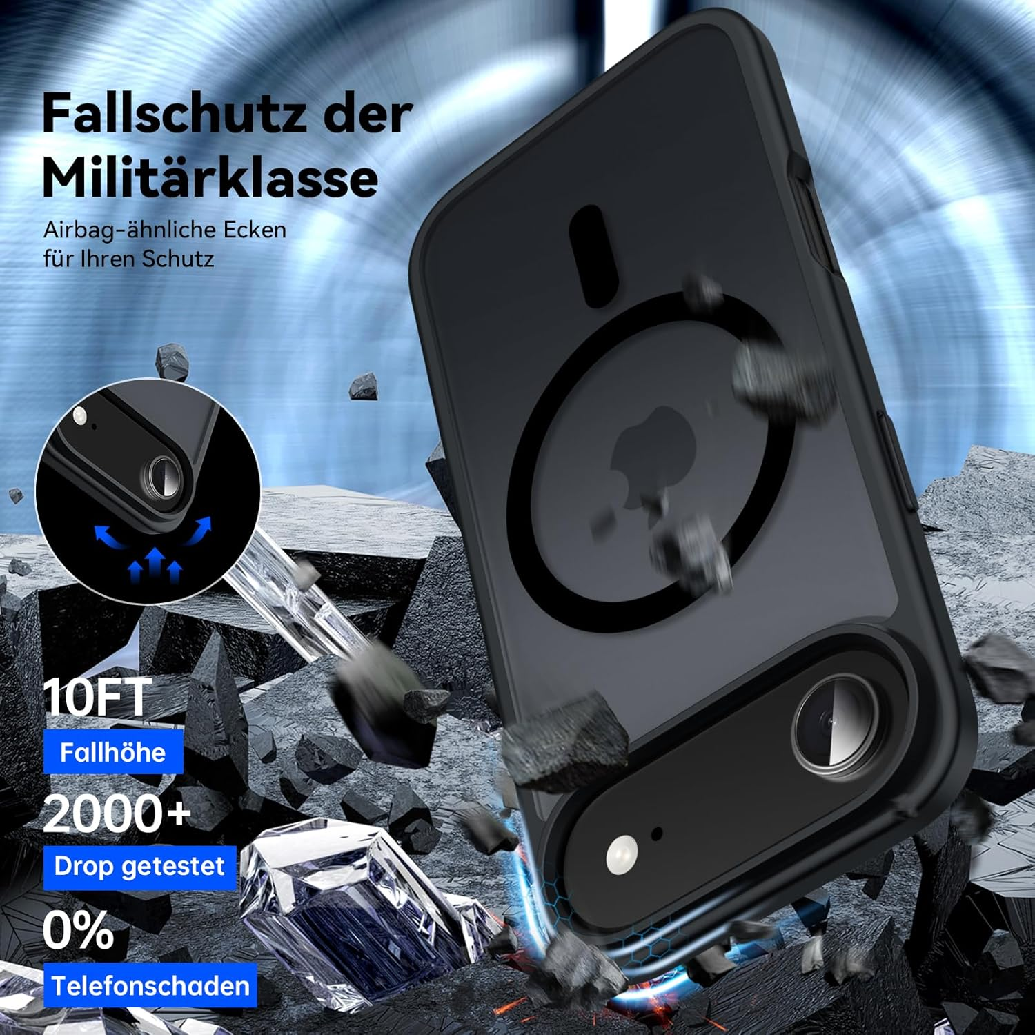 Schwarze Handyhülle mit Kameraaussparung. Text: Fallschutz der Militärklasse. Hintergrund: Felsen und blaue Linien.
