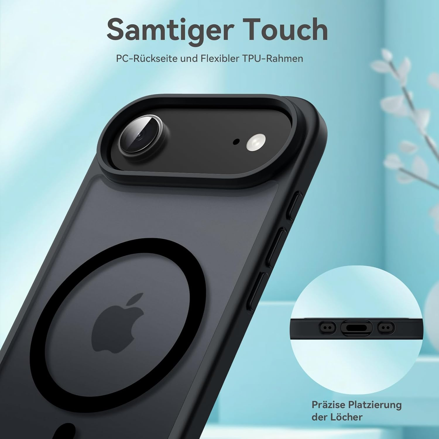 Eine schwarze Handyhülle mit Apple-Logo, Kameralinse und dem Schriftzug 'Samtiger Touch' auf blauem Hintergrund.