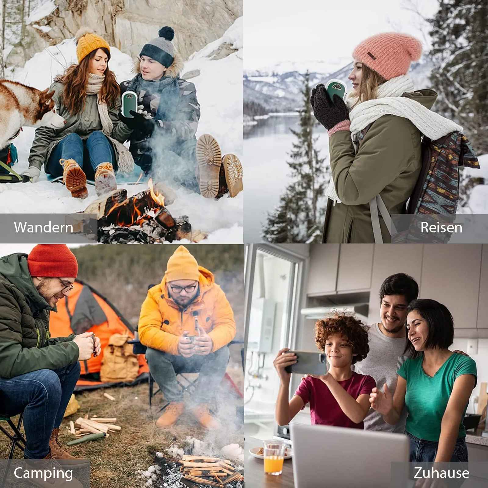Vier Szenen: Menschen, die Outdoor-Aktivitäten wie Wandern, Camping und Reisen genießen, sowie Familienzeit zu Hause.