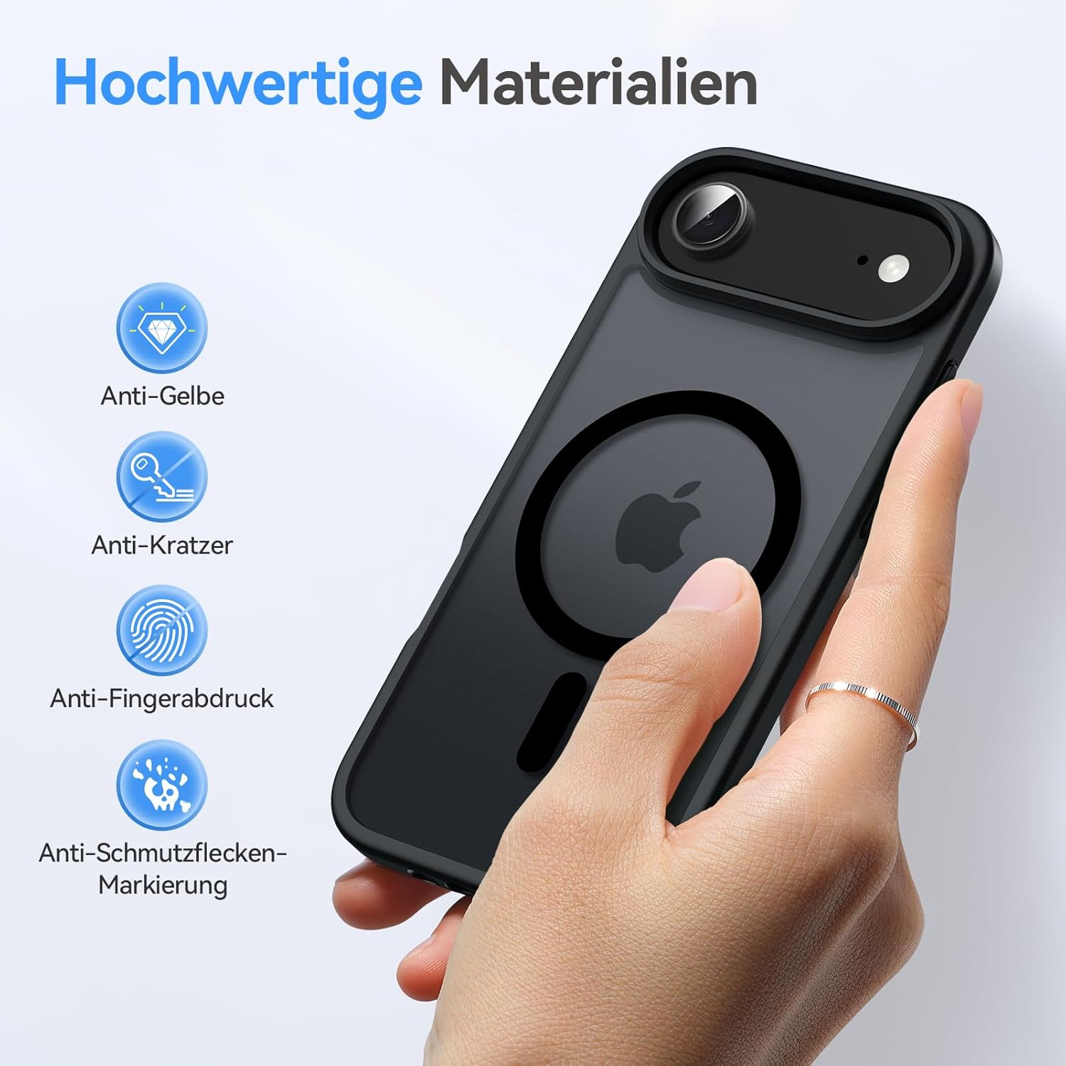 Eine Hand hält eine schwarze Handyhülle. Die Hülle hat ein Apple-Logo und ein kreisförmiges Design. Text beschreibt Anti-Vergilbung, Kratz-, Fingerabdruck- und Fleckenbeständigkeit.