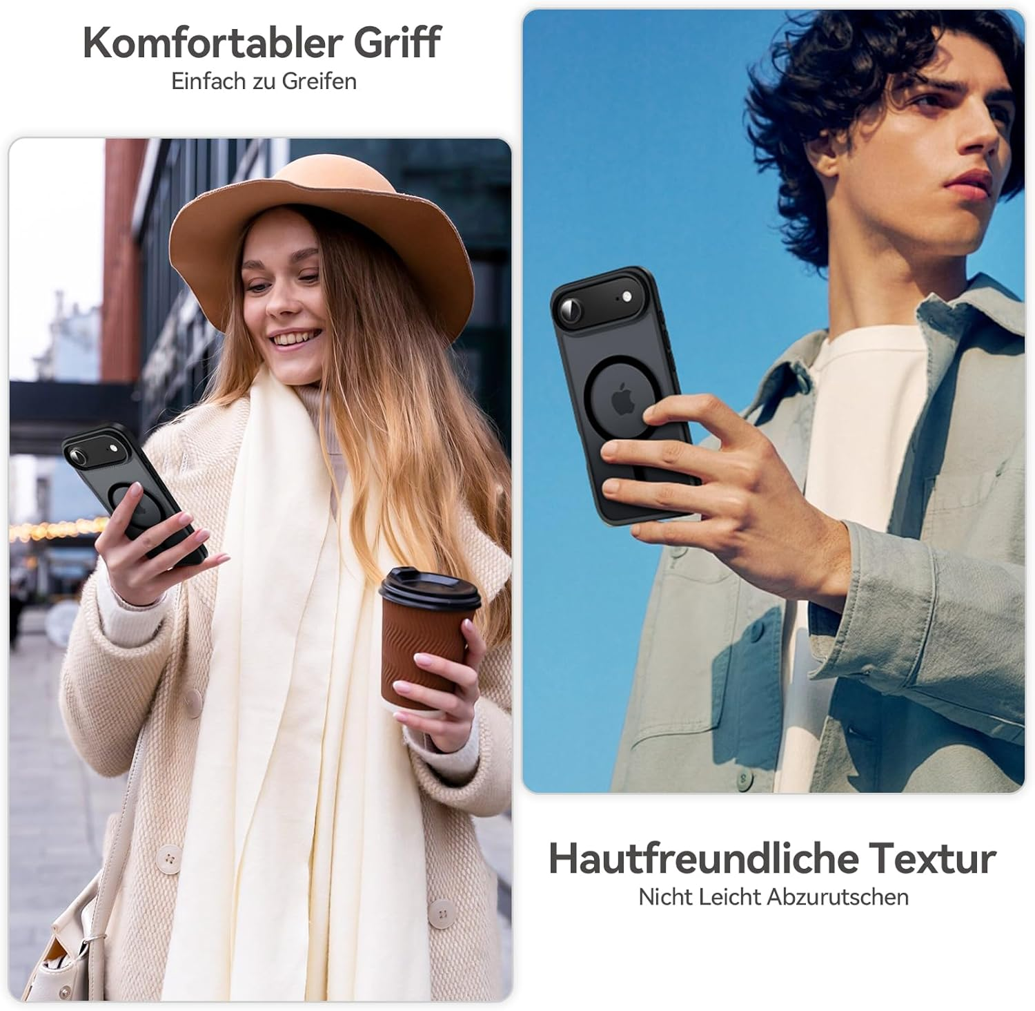 Eine Frau und ein Mann halten Telefone in schwarzen Hüllen. Die Frau trägt einen Mantel und einen Schal. Der Mann hat einen blauen Hintergrund.