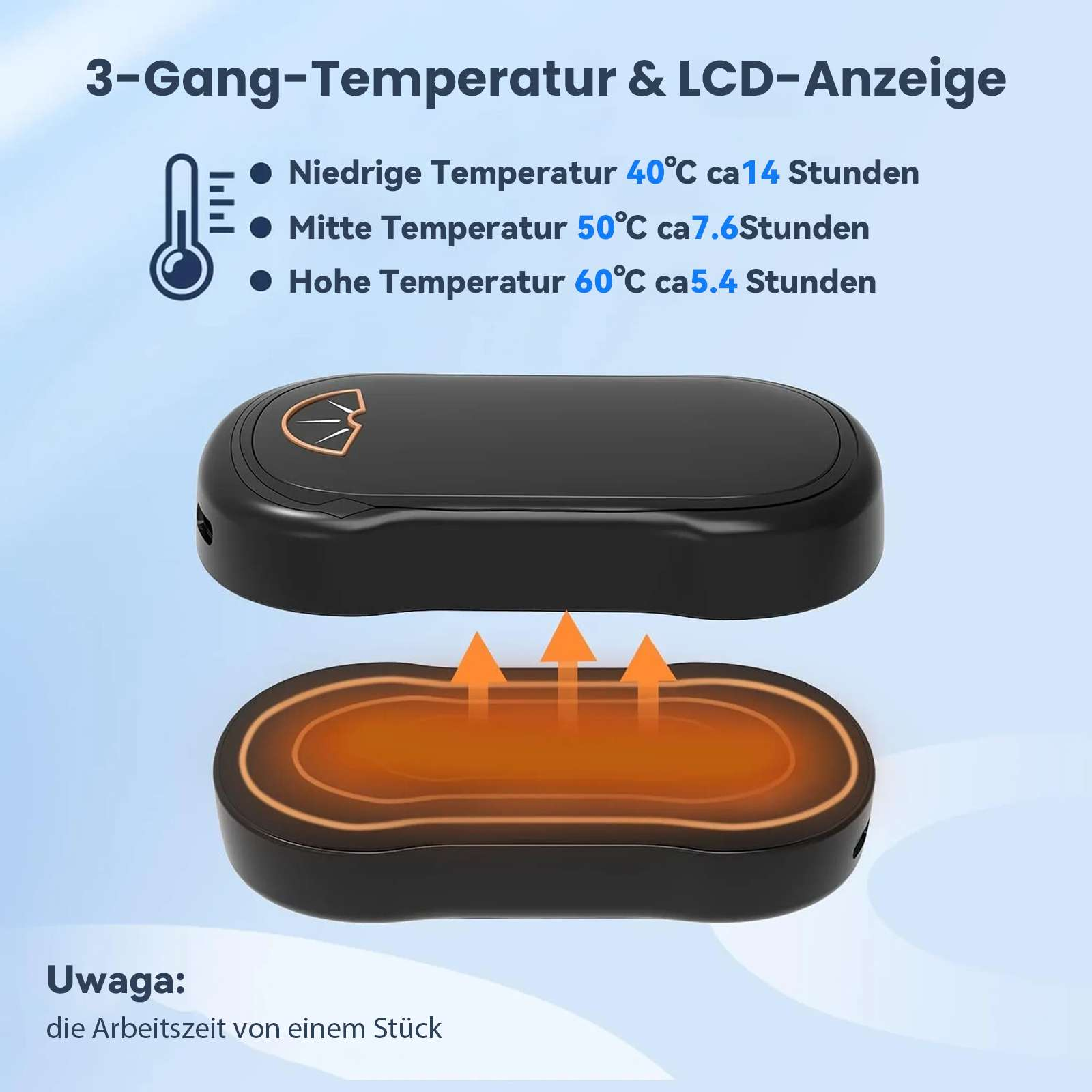 Schwarzes Gerät mit drei Temperatureinstellungen: niedrig (40°C), mittel (50°C), hoch (60°C). Orangefarbene Wärmeillustration.