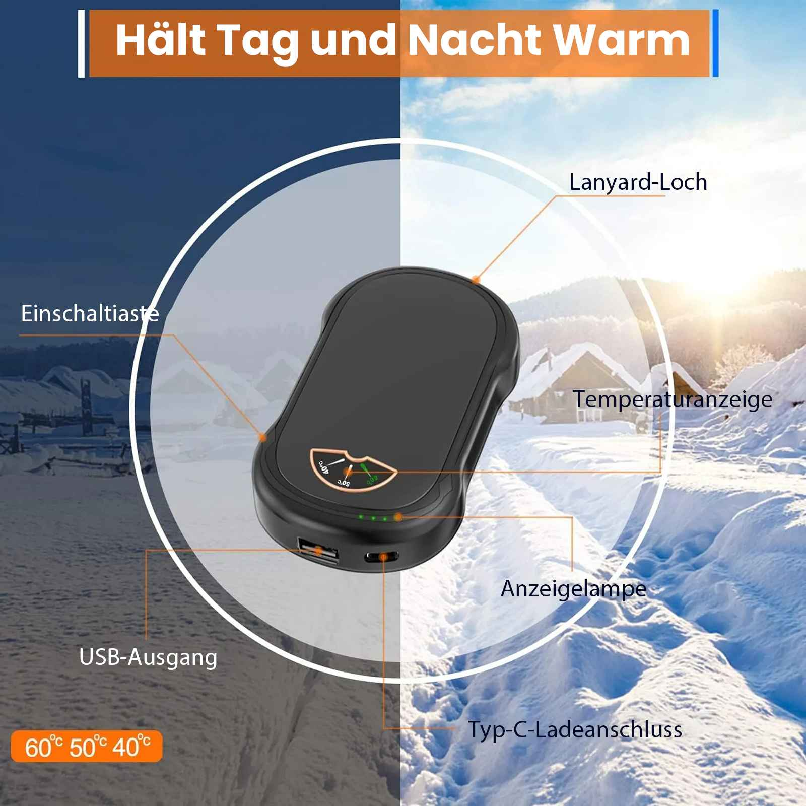 Ein schwarzer Handwärmer mit deutschen Beschriftungen. Er hat eine Temperaturanzeige und USB-Anschlüsse, vor einer Winterszene.