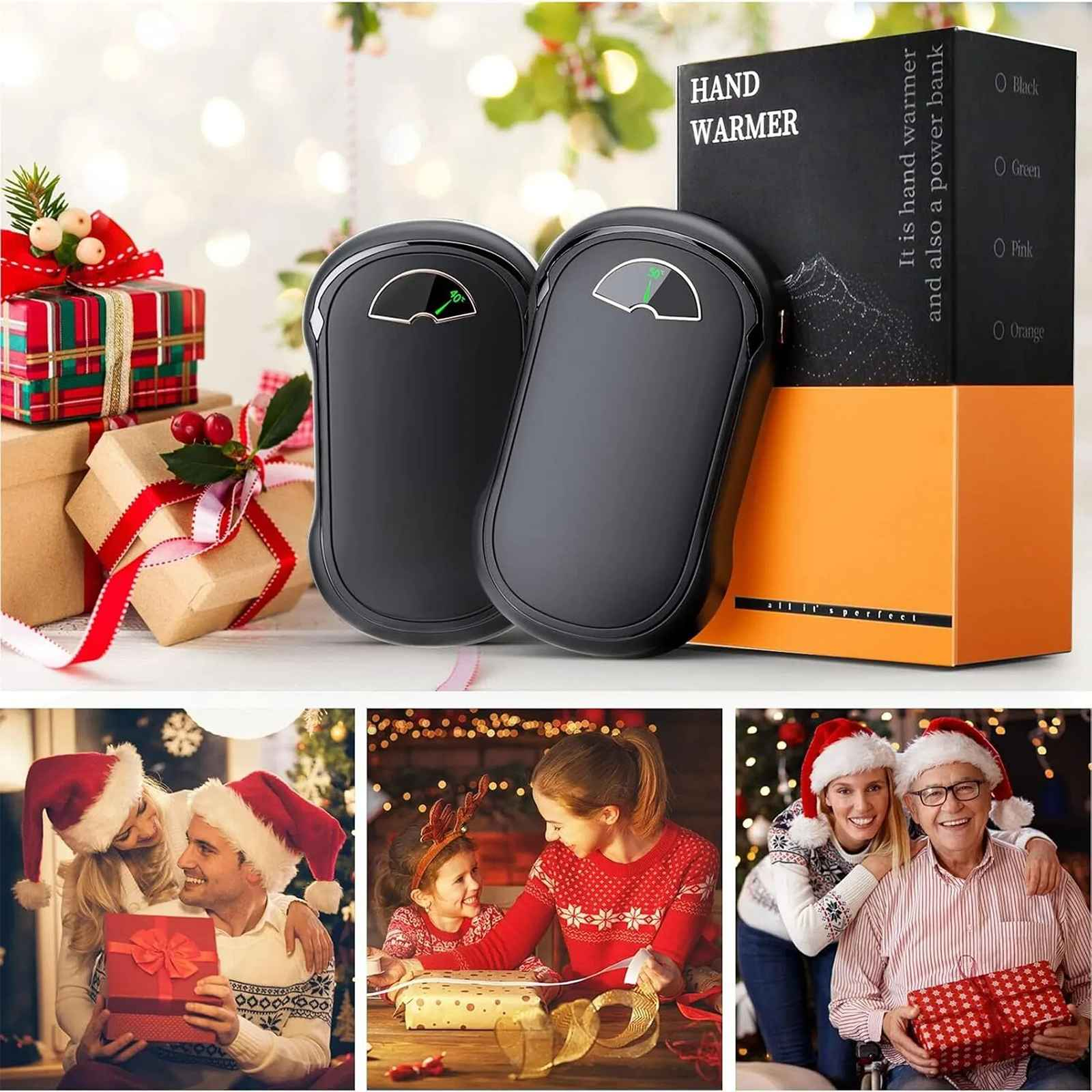 Zwei schwarze Handwärmer, eine Box und drei Fotos von Personen. Die Box ist orange und schwarz, mit Text Handwärmer.