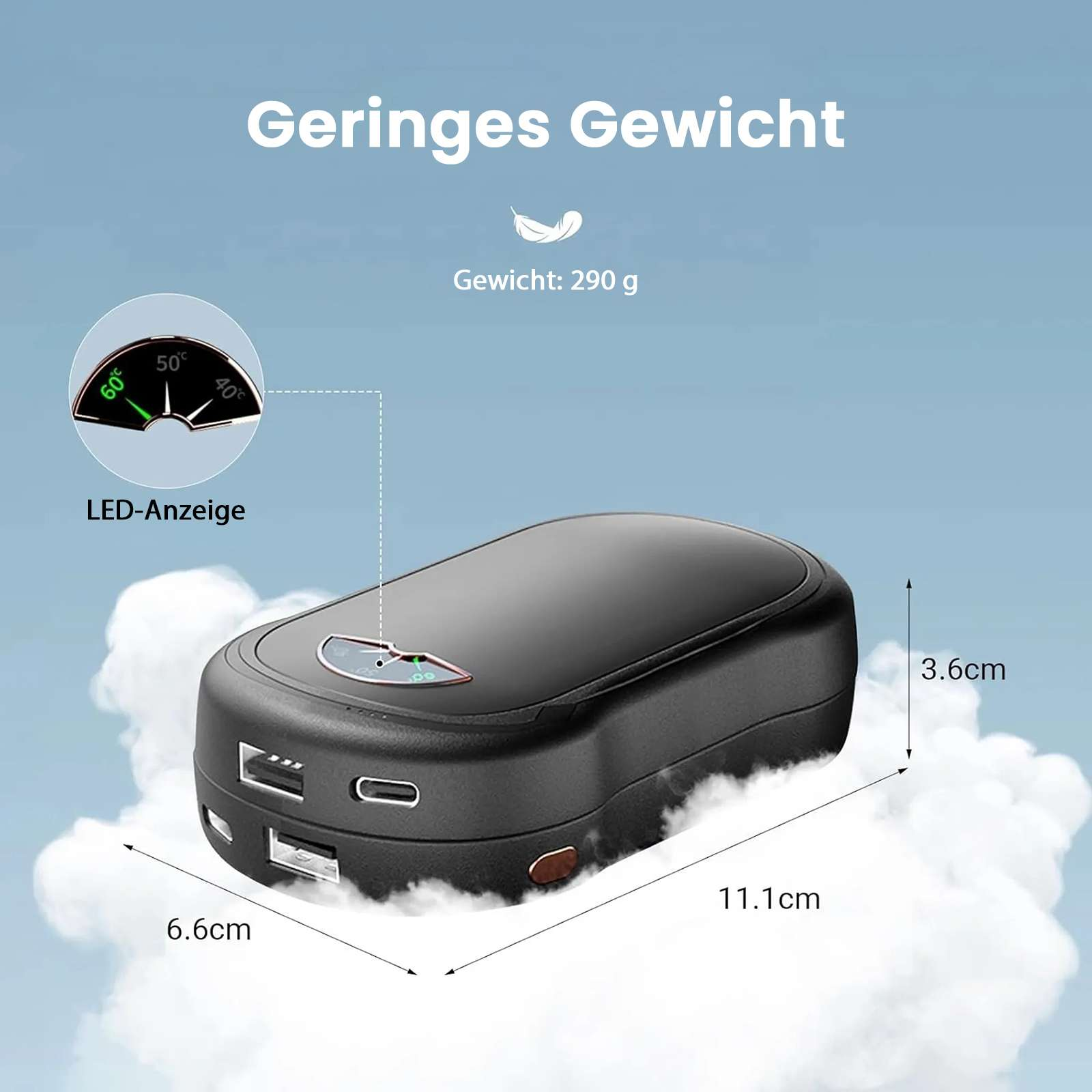 Schwarze Powerbank mit beschrifteten Abmessungen. LED-Anzeige zeigt Temperatur. Text oben lautet 'Geringes Gewicht'.