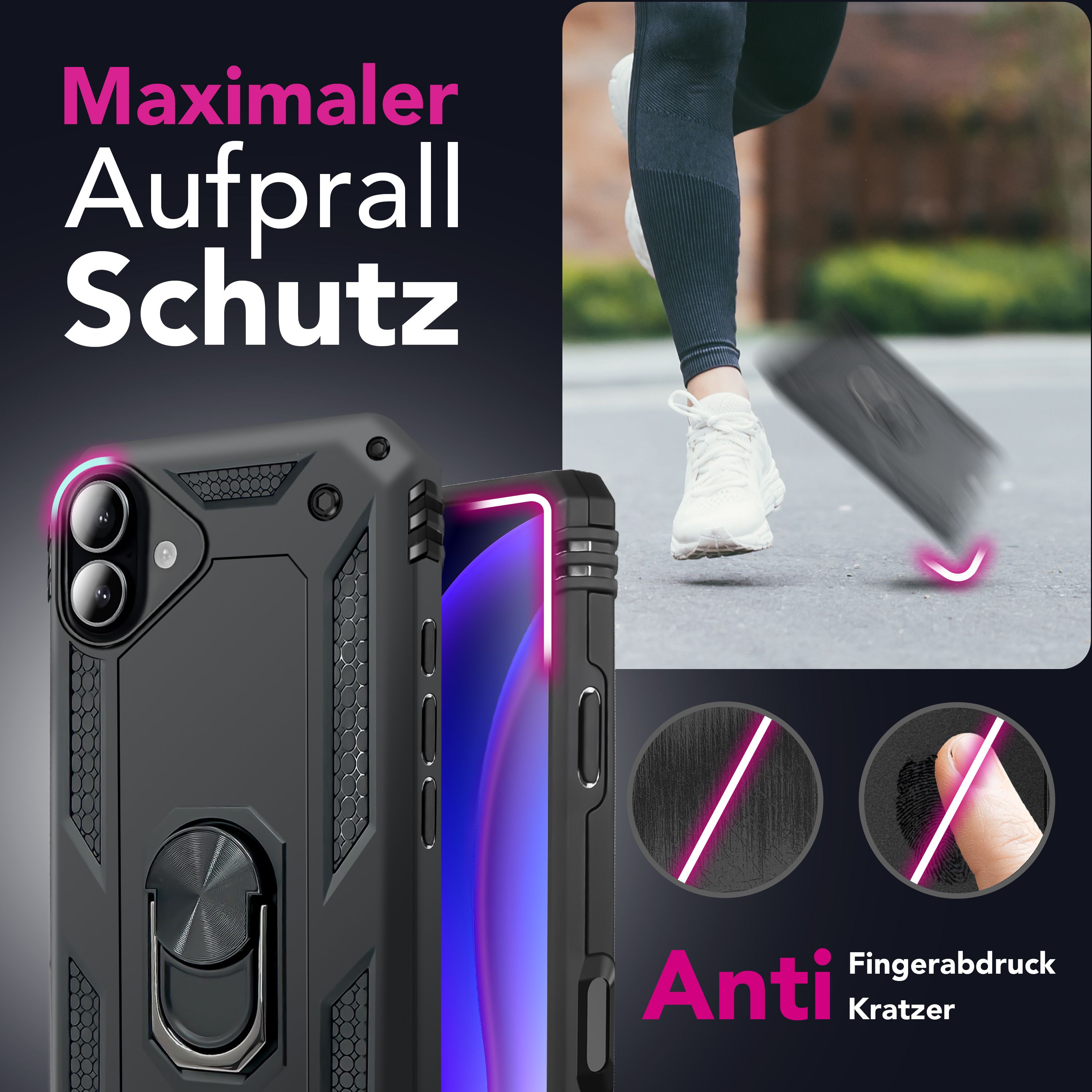 Schwarze Handyhülle mit Ringhalter, Telefon fällt, Text 'Aufprall Schutz' und Anti-Fingerabdruck.