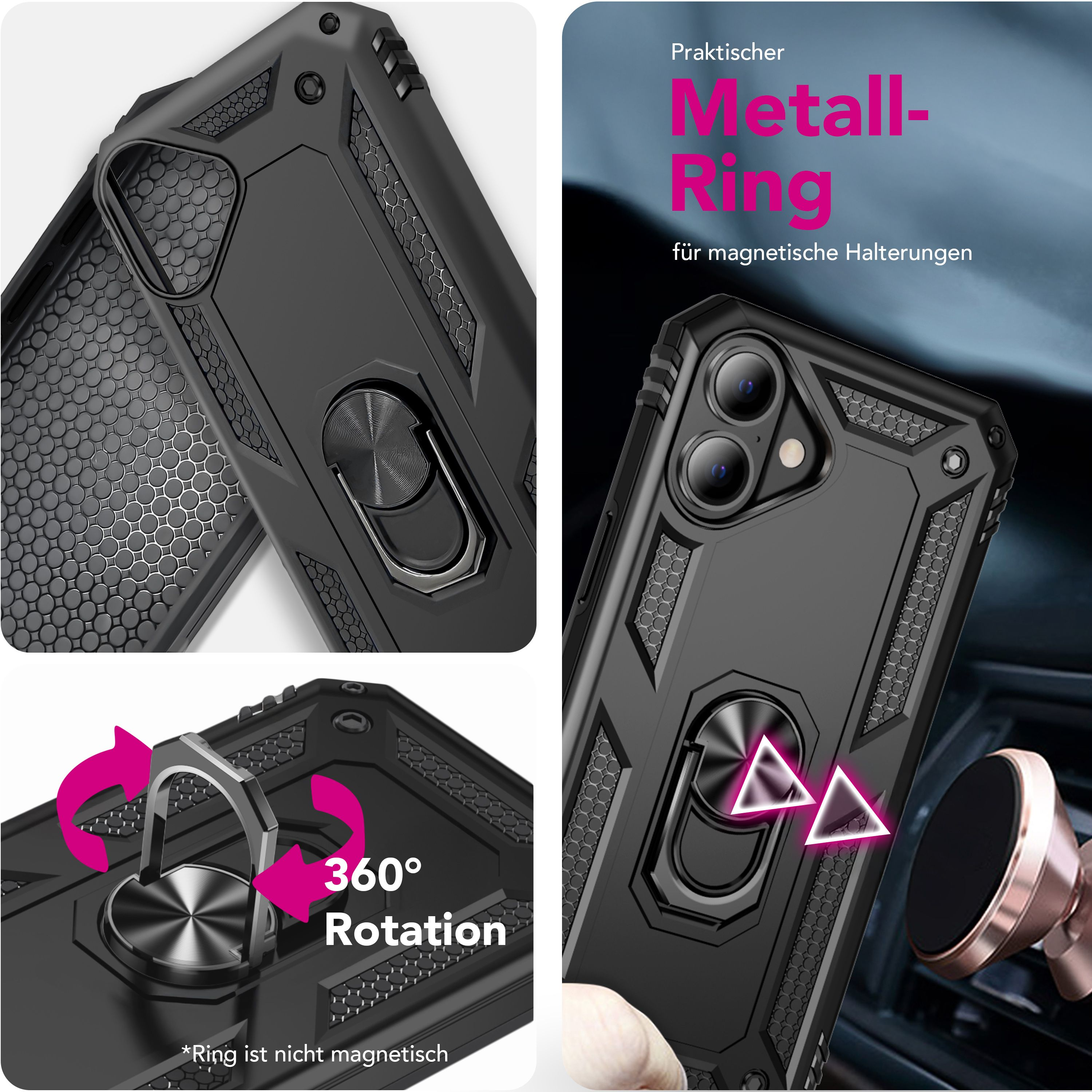 Schwarze Handyhülle mit Metallring. Text: Metall-Ring. 360° Drehung. Für magnetische Halterungen.