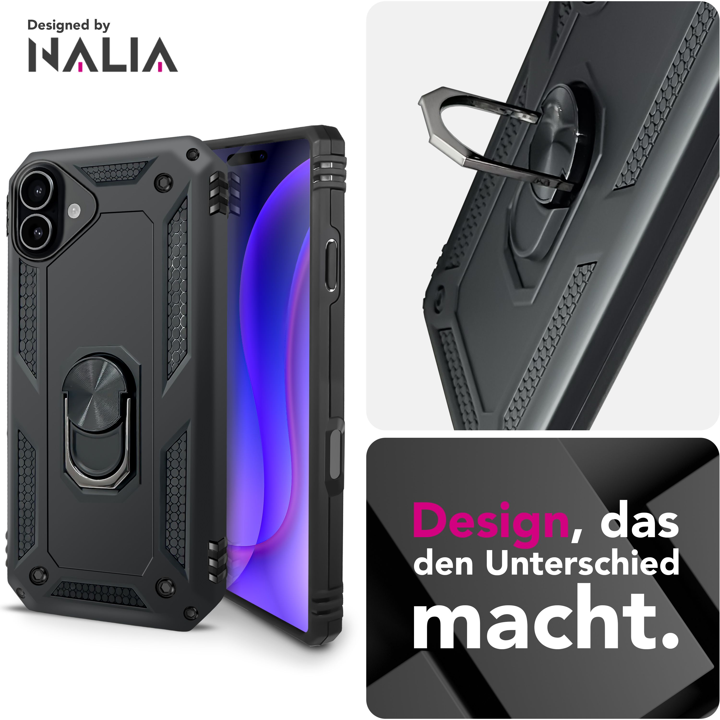 Eine schwarze Handyhülle mit Ringhalterung, Telefon angezeigt. Text: Designed by NALIA. Zusätzliches Bild mit deutschem Text.