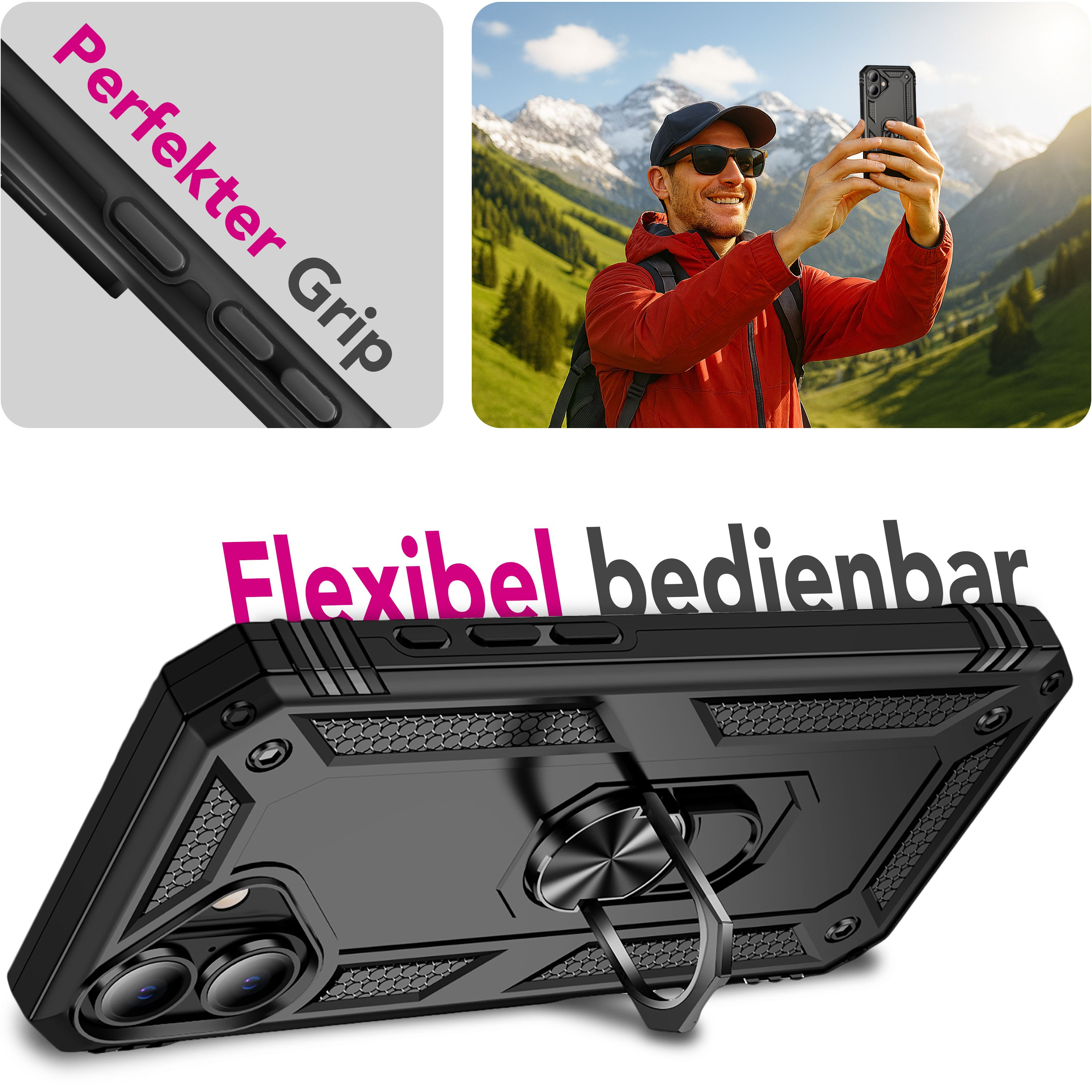 Das Bild zeigt eine Handyhülle mit Ringhalter, einen Mann, der ein Selfie macht, mit Bergen im Hintergrund und Text.