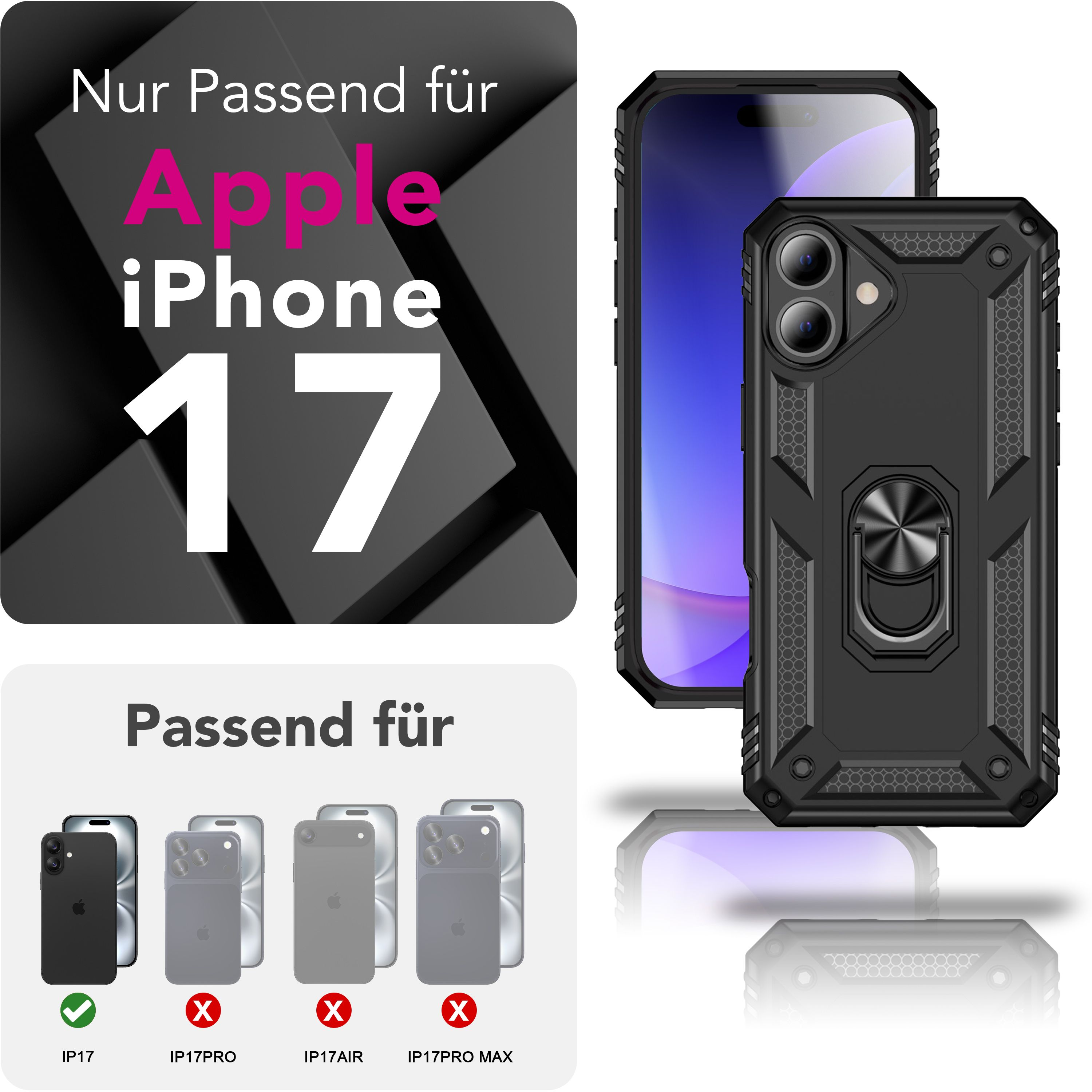 Das Bild zeigt eine schwarze Handyhülle auf einem Telefon, kompatibel mit dem iPhone 17. Text zeigt Kompatibilität und Telefonmodelle.