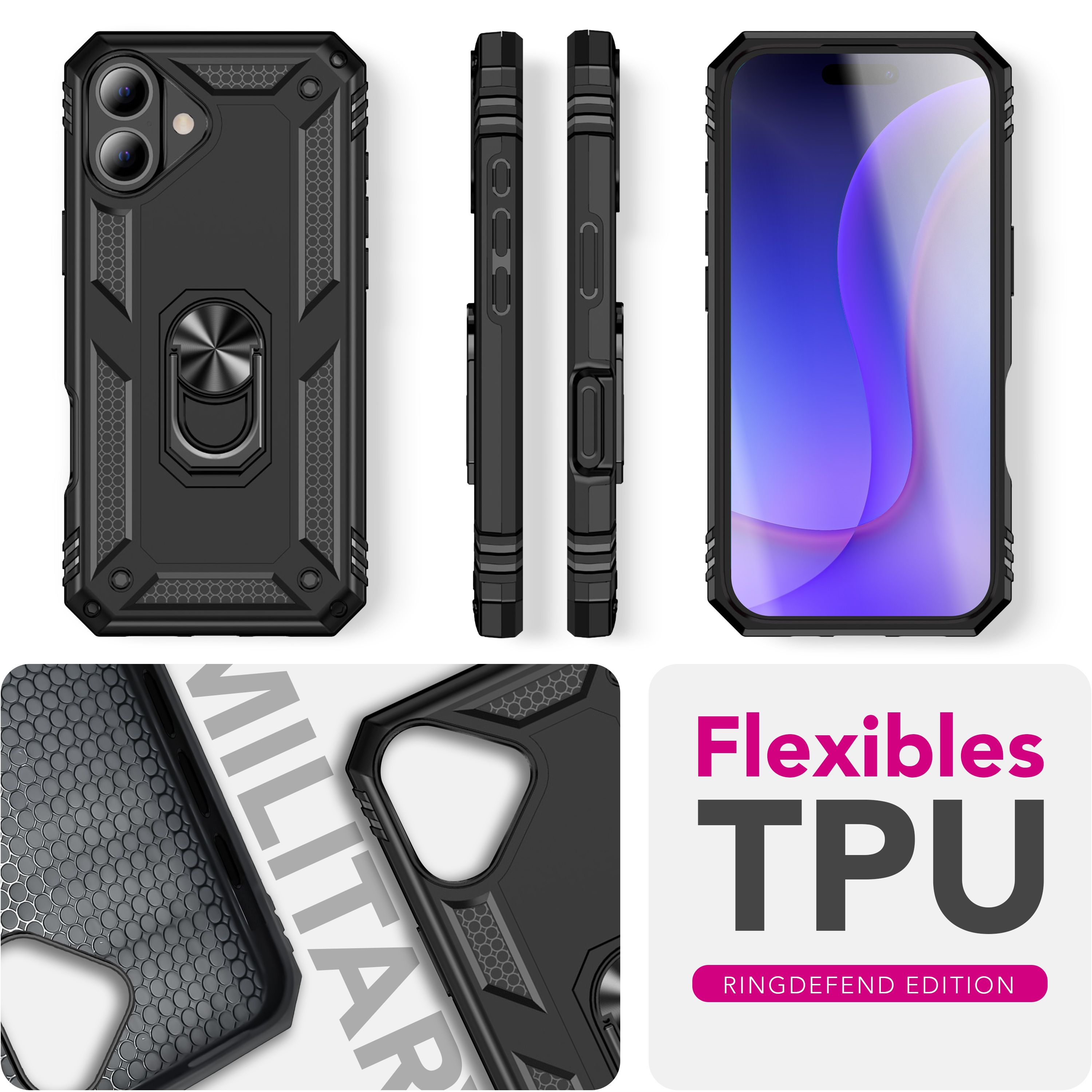 Schwarze Handyhülle mit Ringhalter. Zeigt die Hülle aus mehreren Blickwinkeln. Der Text 'Flexibles TPU' steht rechts.