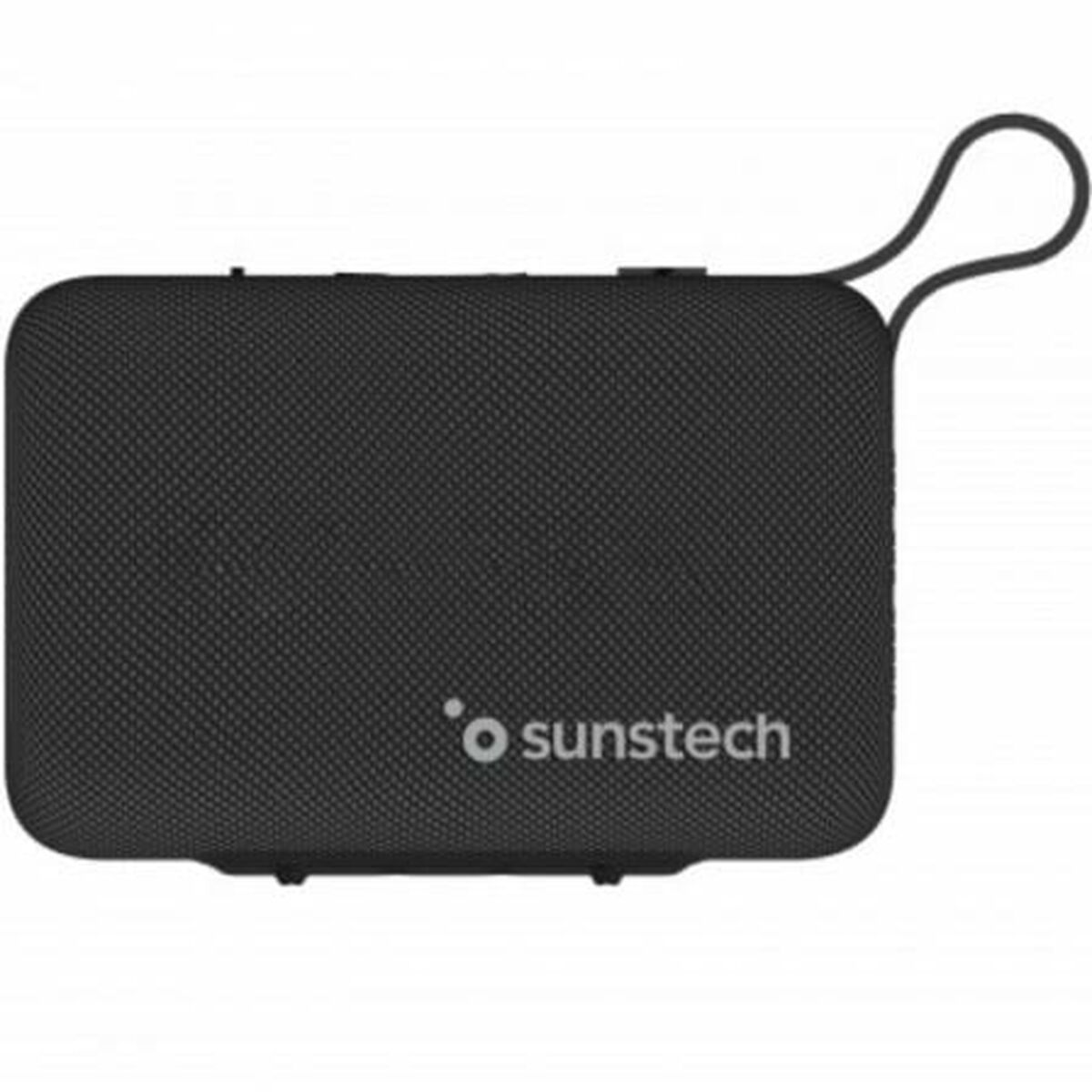 Un altoparlante rettangolare nero con un anello. L'altoparlante ha la scritta 'sunstech'.
