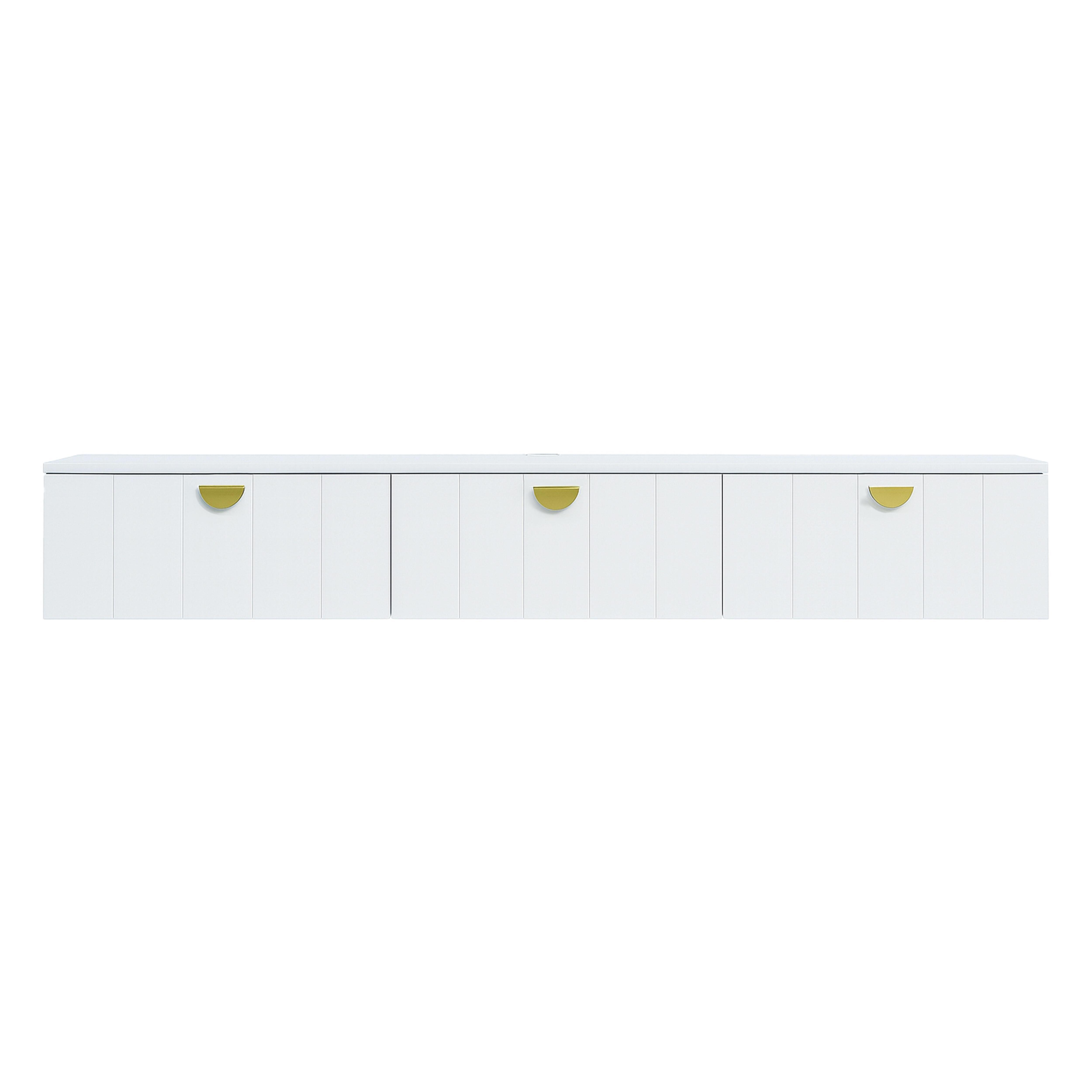 Ein weißer, an der Wand befestigter Schrank mit drei Türen, jede mit einem goldfarbenen Griff.