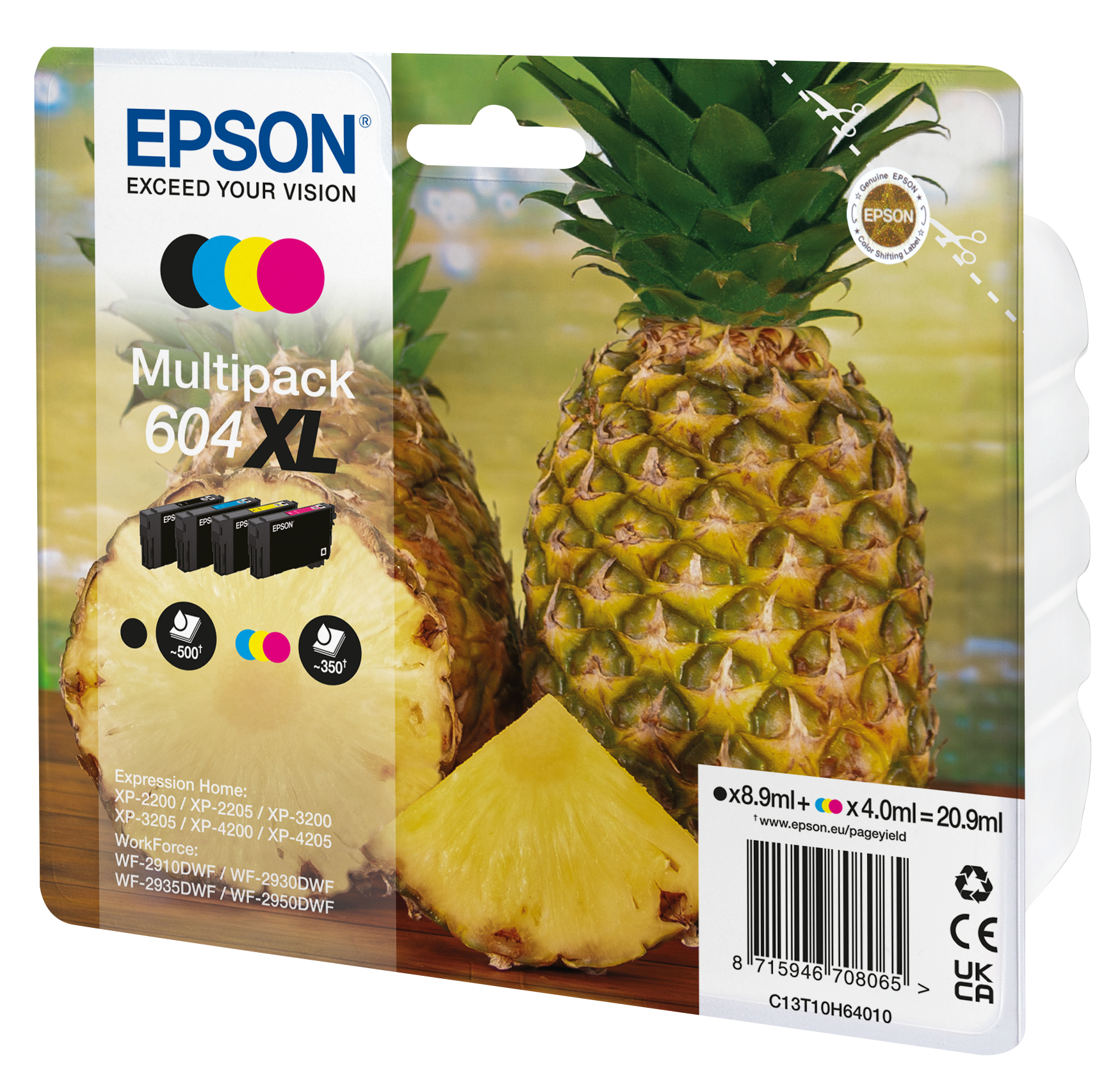 Paquete de cartuchos de tinta Epson con piñas. Los cartuchos son negro, cian, magenta, amarillo. Rebanada de piña al frente.
