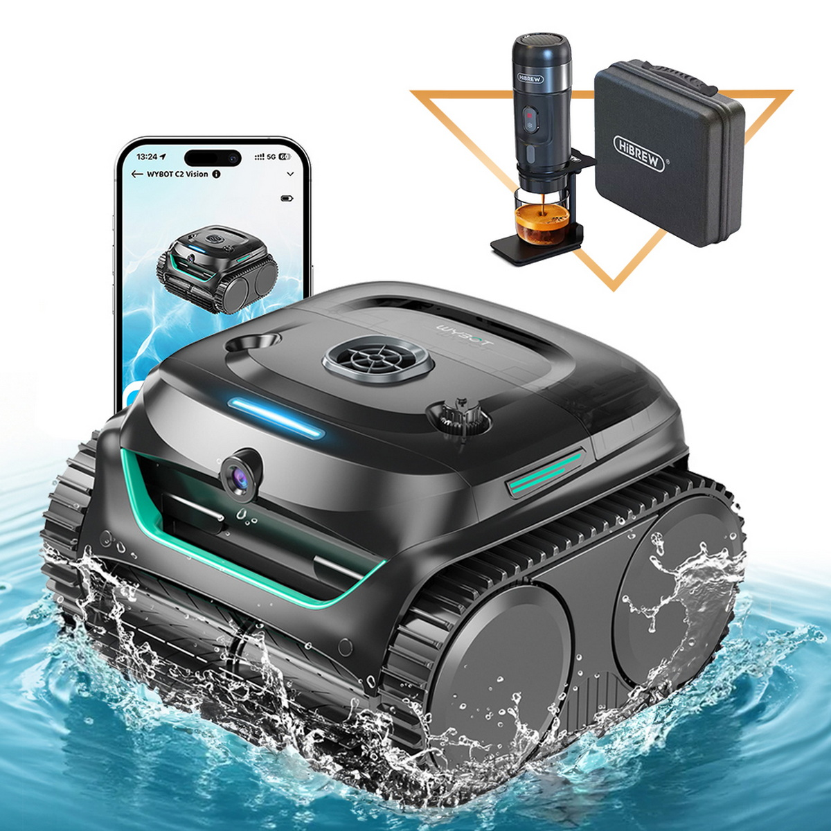 Ein schwarzer Roboter im Wasser, ein Telefon mit dem Roboter, eine Kaffeemaschine und ein Koffer. Der Roboter hat Ketten und eine Kamera.