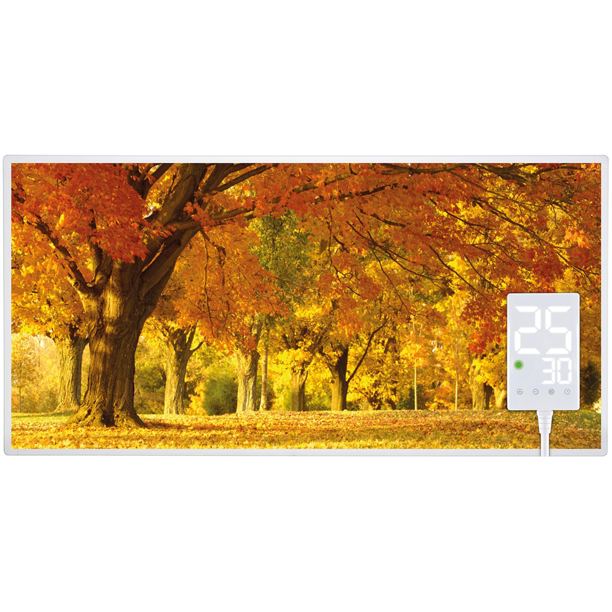 Herbstszene. Bäume mit orangefarbenen Blättern dominieren. Eine Digitalanzeige rechts zeigt Temperaturmesswerte.