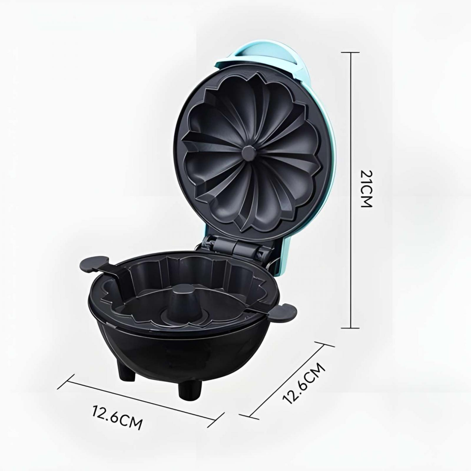 Mini-Gugelhupf-Maker, schwarz und blaugrün, offen. Zeigt Abmessungen: 12,6 cm x 12,6 cm x 21 cm.