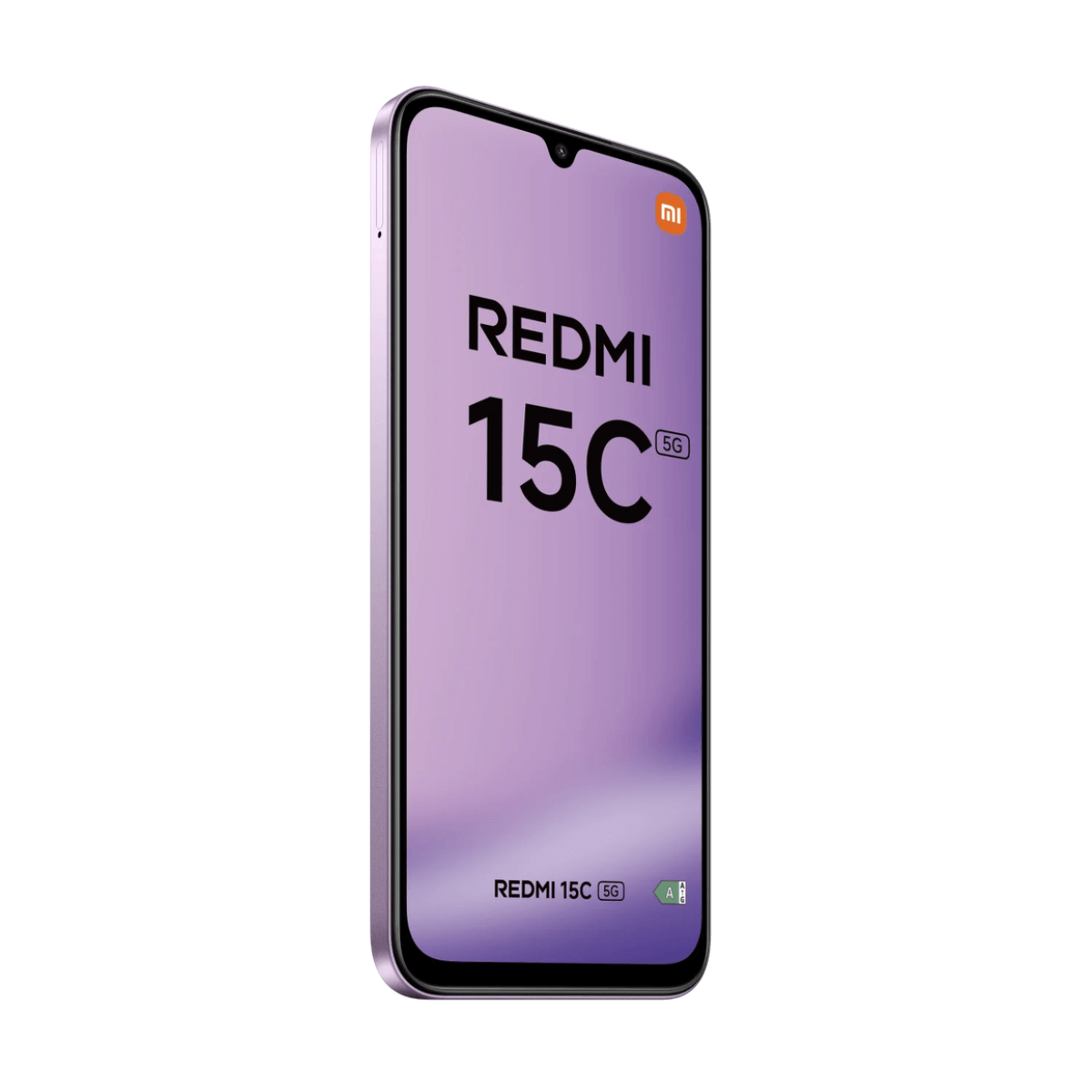 Wyświetlany jest fioletowy smartfon Redmi 15C 5G. Ekran wyświetla nazwę i logo telefonu.