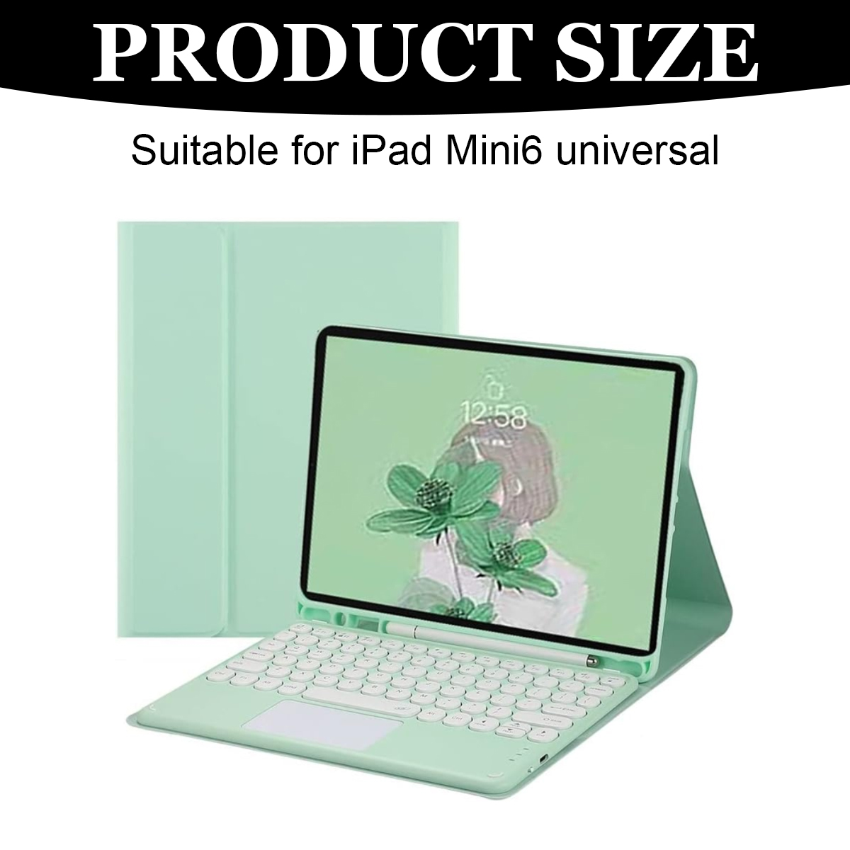Ein iPad Mini6 mit hellgrüner Tastaturhülle ist geöffnet und zeigt ein Blumen-Hintergrundbild mit einem Zeitstempel von 12:58.