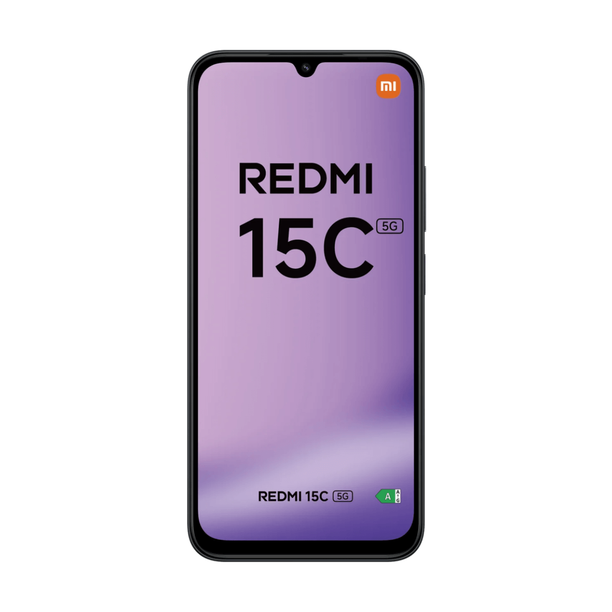 Czarny smartfon z fioletowym ekranem wyświetlającym 'REDMI 15C 5G'. Logo Xiaomi w prawym górnym rogu. Zielona etykieta energetyczna na dole.