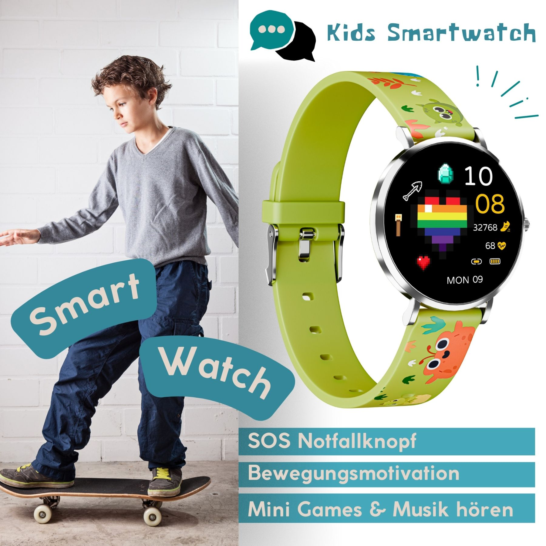 Un ragazzo su uno skateboard con uno smartwatch. L'orologio è verde con uno schermo colorato. Il testo dice 'Kids Smartwatch'.