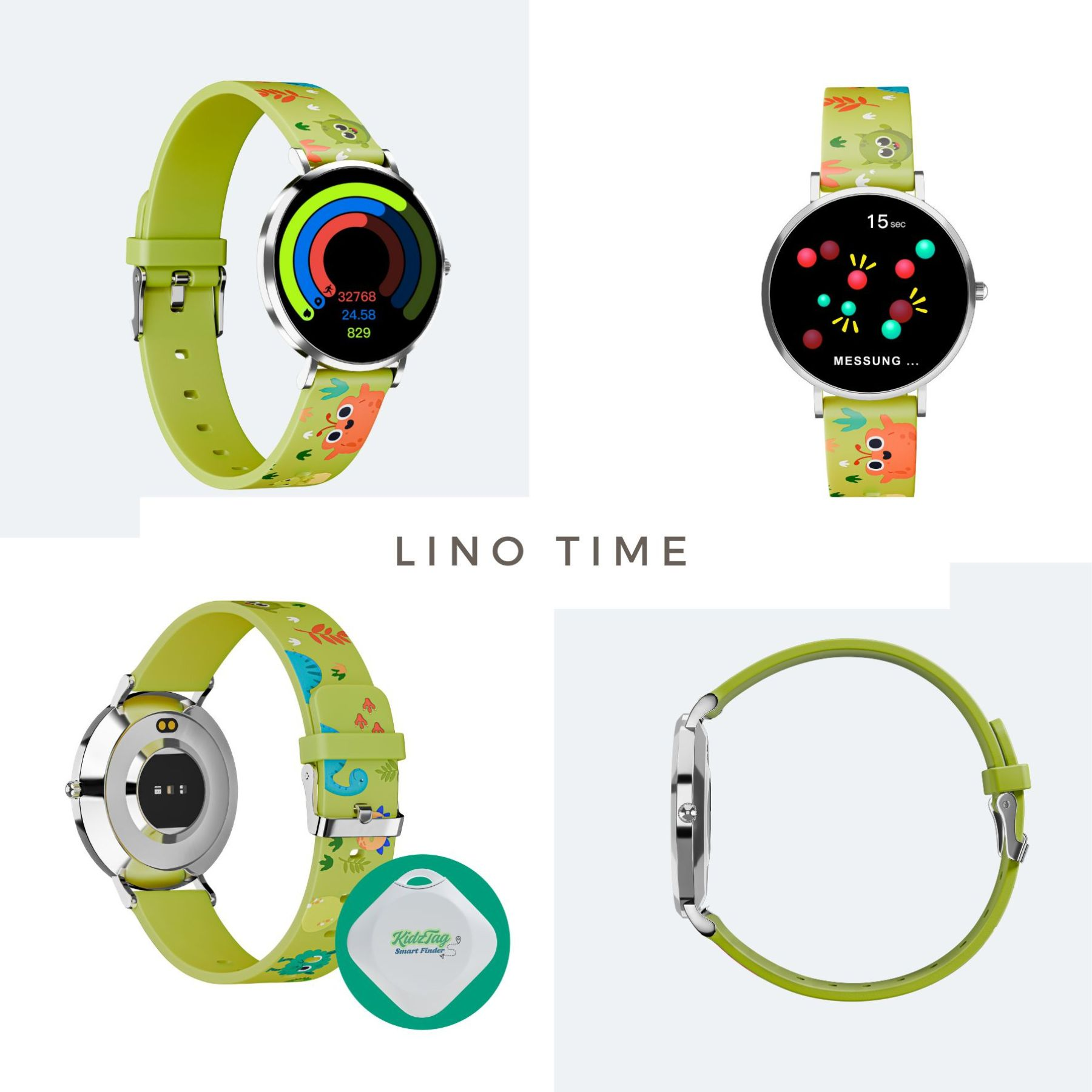 Uno smartwatch con cinturino verde e grafica a cartoni animati. L'orologio mostra dati e misurazioni.