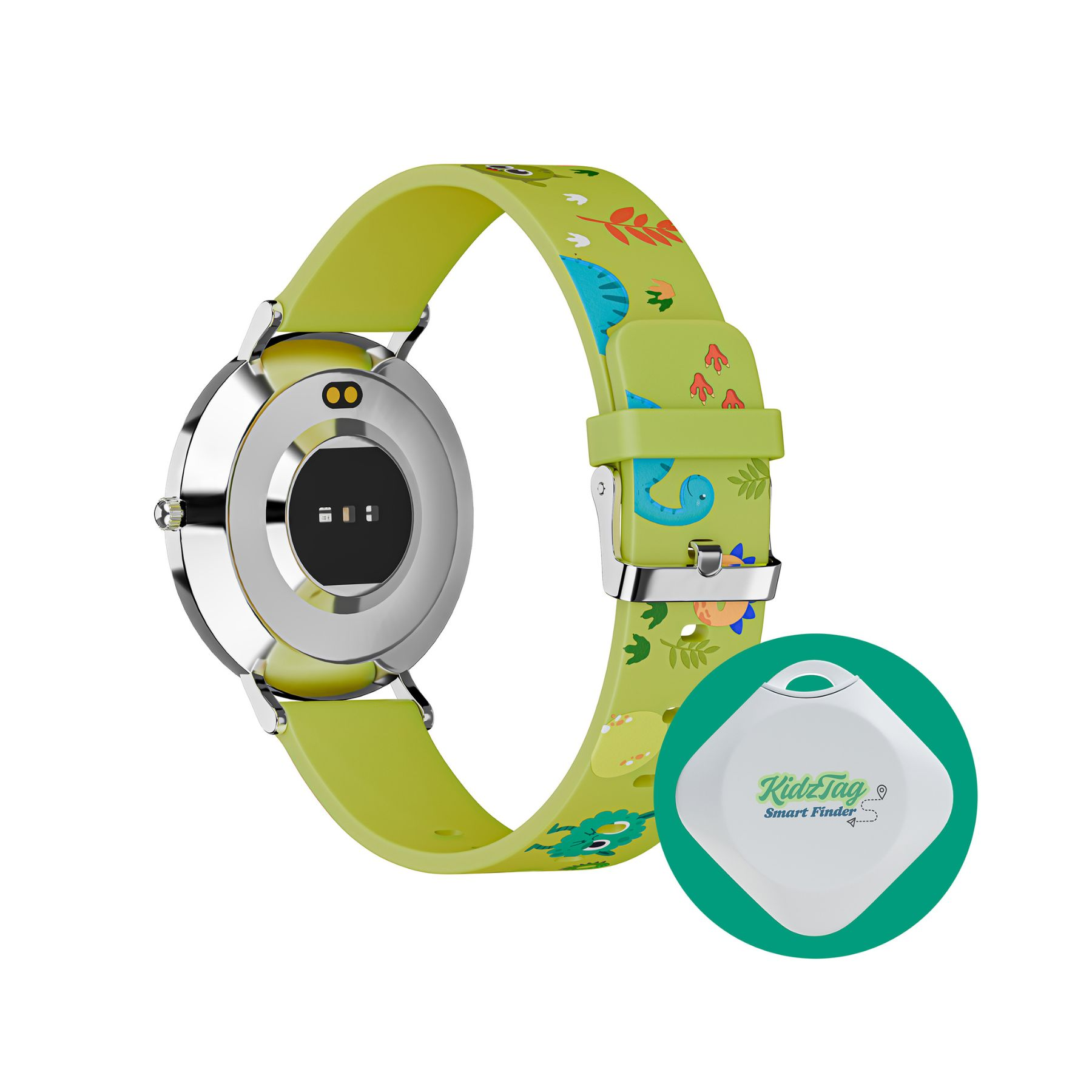 Uno smartwatch con cinturino verde a dinosauri e un cercatore intelligente KidzTag. Il cinturino è verde chiaro.