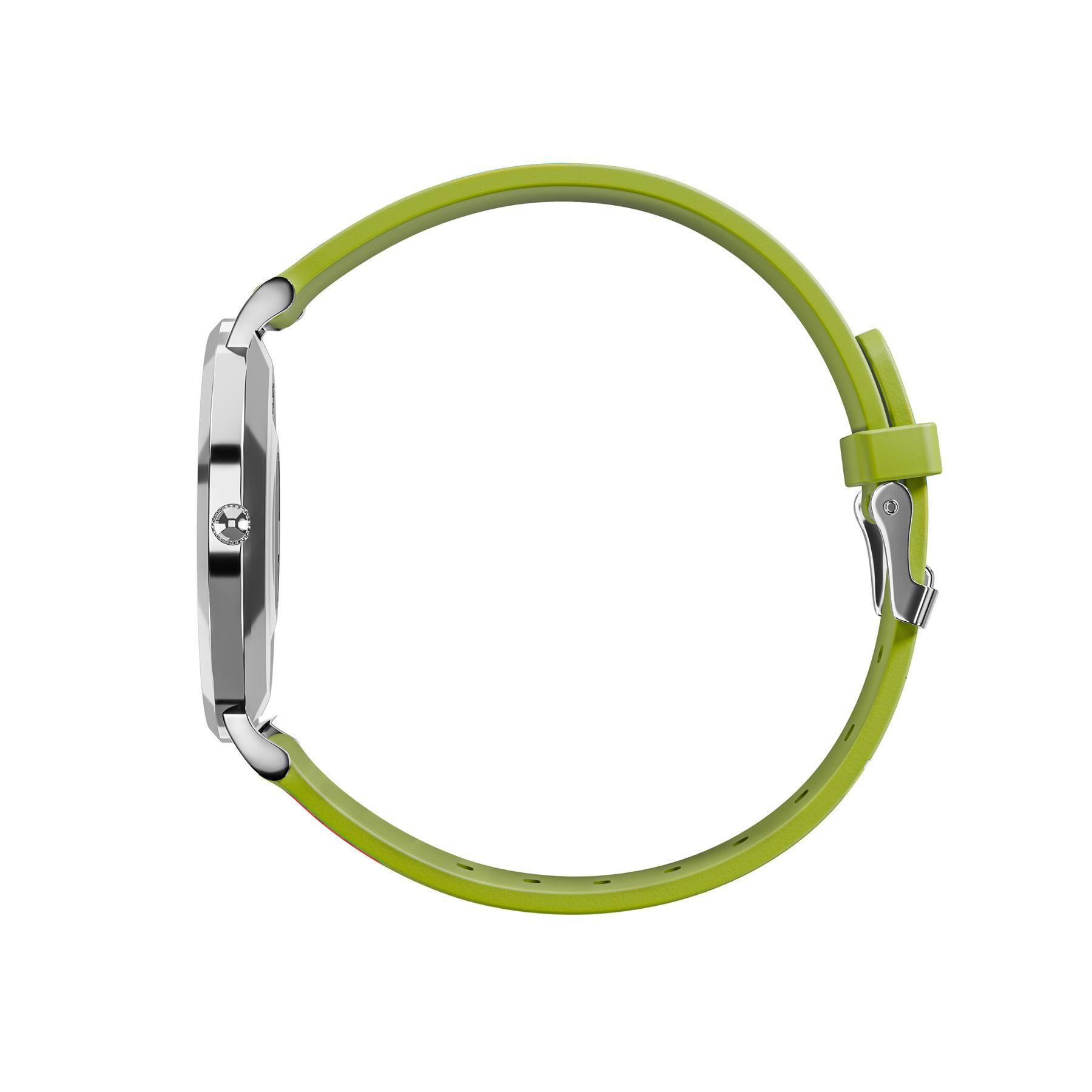 Vista laterale di un orologio con cassa argentata e cinturino verde lime.
