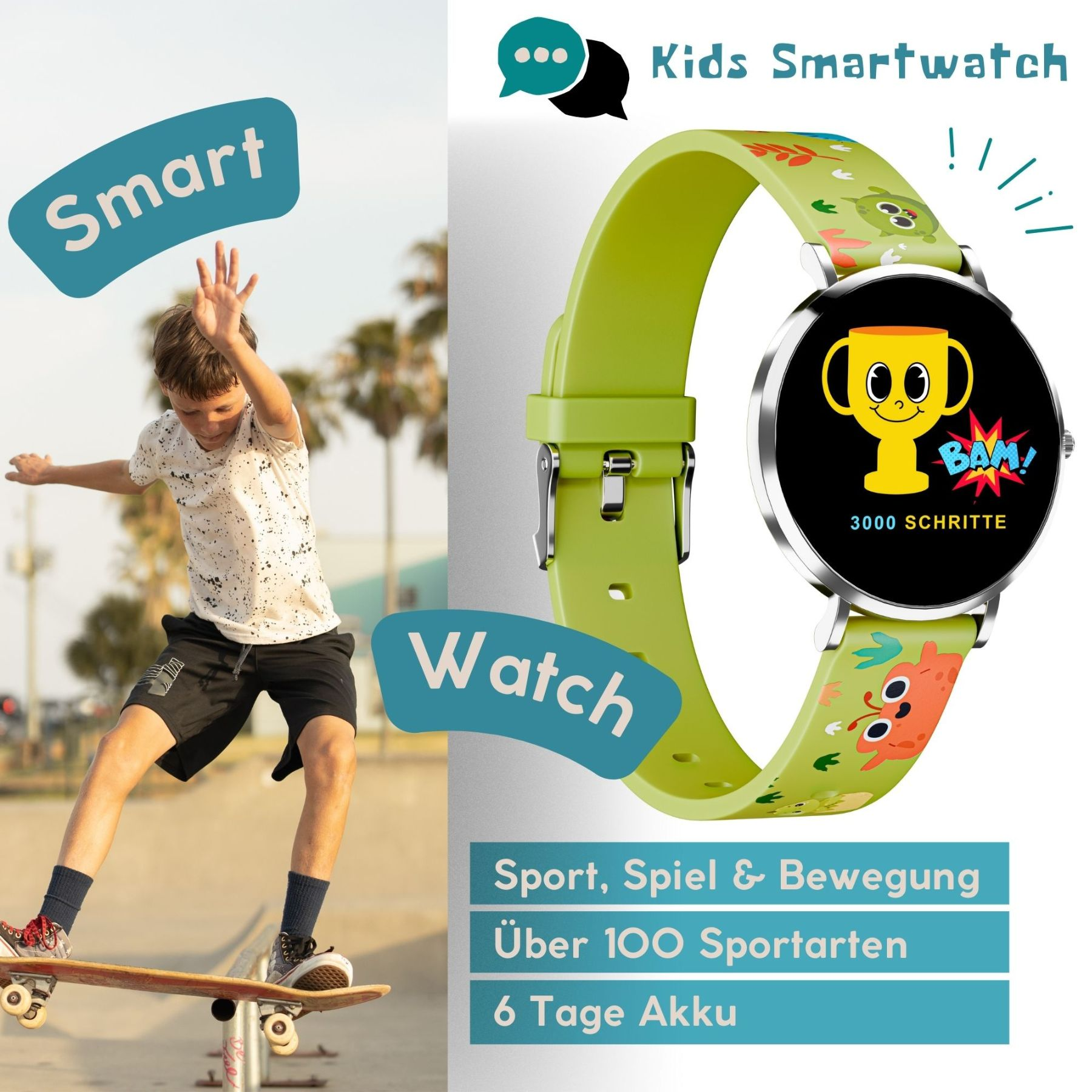 Un bambino sullo skateboard, smartwatch verde con trofeo dei cartoni animati e testo sullo sport.