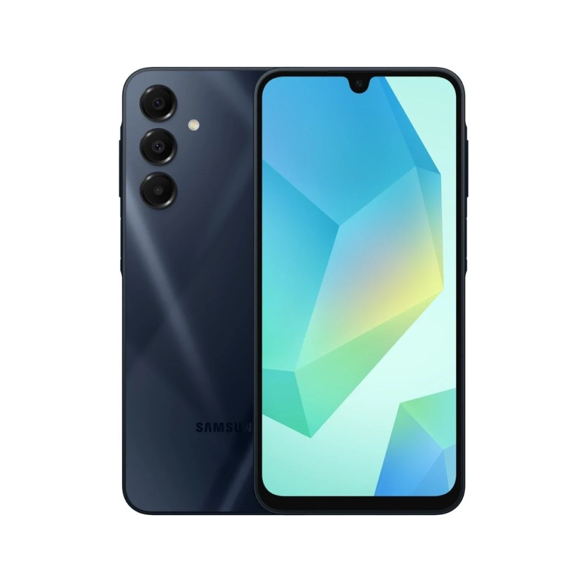 Uno smartphone Samsung blu scuro. La parte anteriore mostra lo schermo con un design geometrico colorato, il retro ha fotocamere.