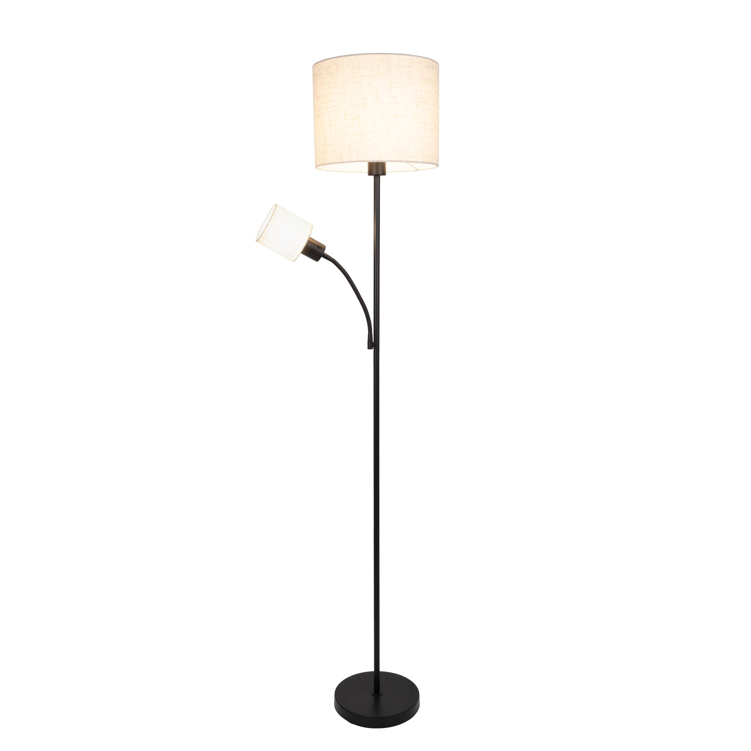 Eine schwarze Stehlampe mit zwei Lichtern. Das Hauptlicht hat einen beigefarbenen Lampenschirm. Das andere ist kleiner.