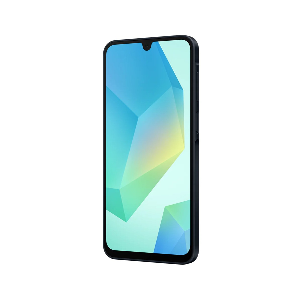 Uno smartphone nero è mostrato in prospettiva. Lo schermo mostra un motivo geometrico blu e verde su sfondo bianco.