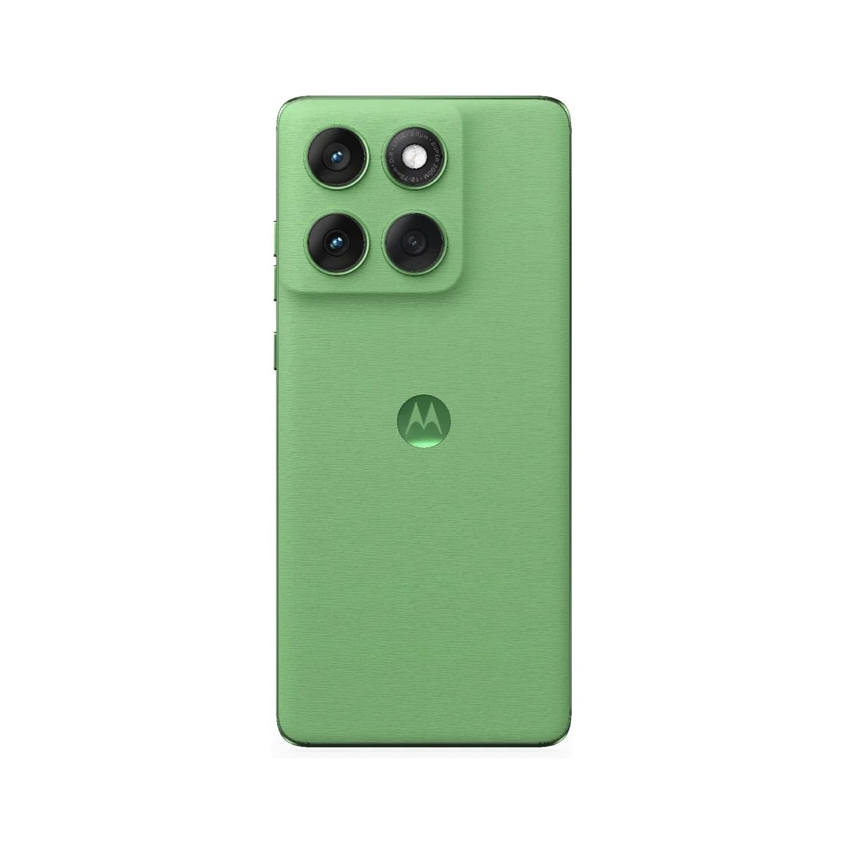 Retro di smartphone verde con quattro fotocamere e logo Motorola. Il telefono ha una superficie strutturata.