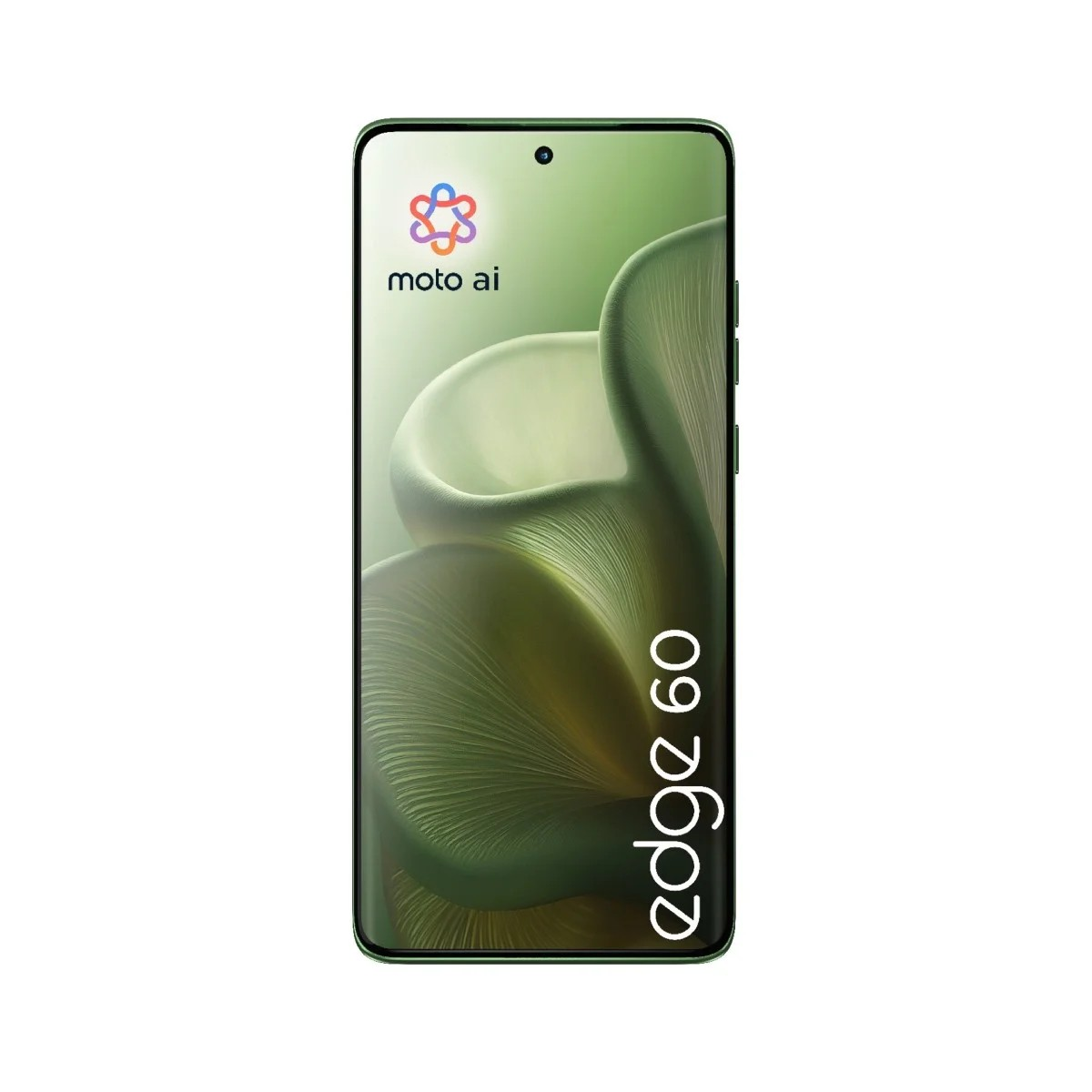 Uno smartphone verde mostra il logo 'moto ai' e il testo 'edge 60'. Lo schermo mostra uno sfondo astratto verde chiaro.