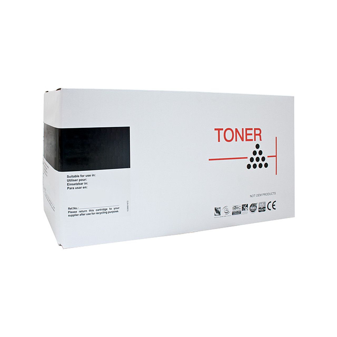 Een witte doos met het label 'TONER' en zwarte accenten. Tekst bevat 'Geschikt voor gebruik in' en recycling instructies.