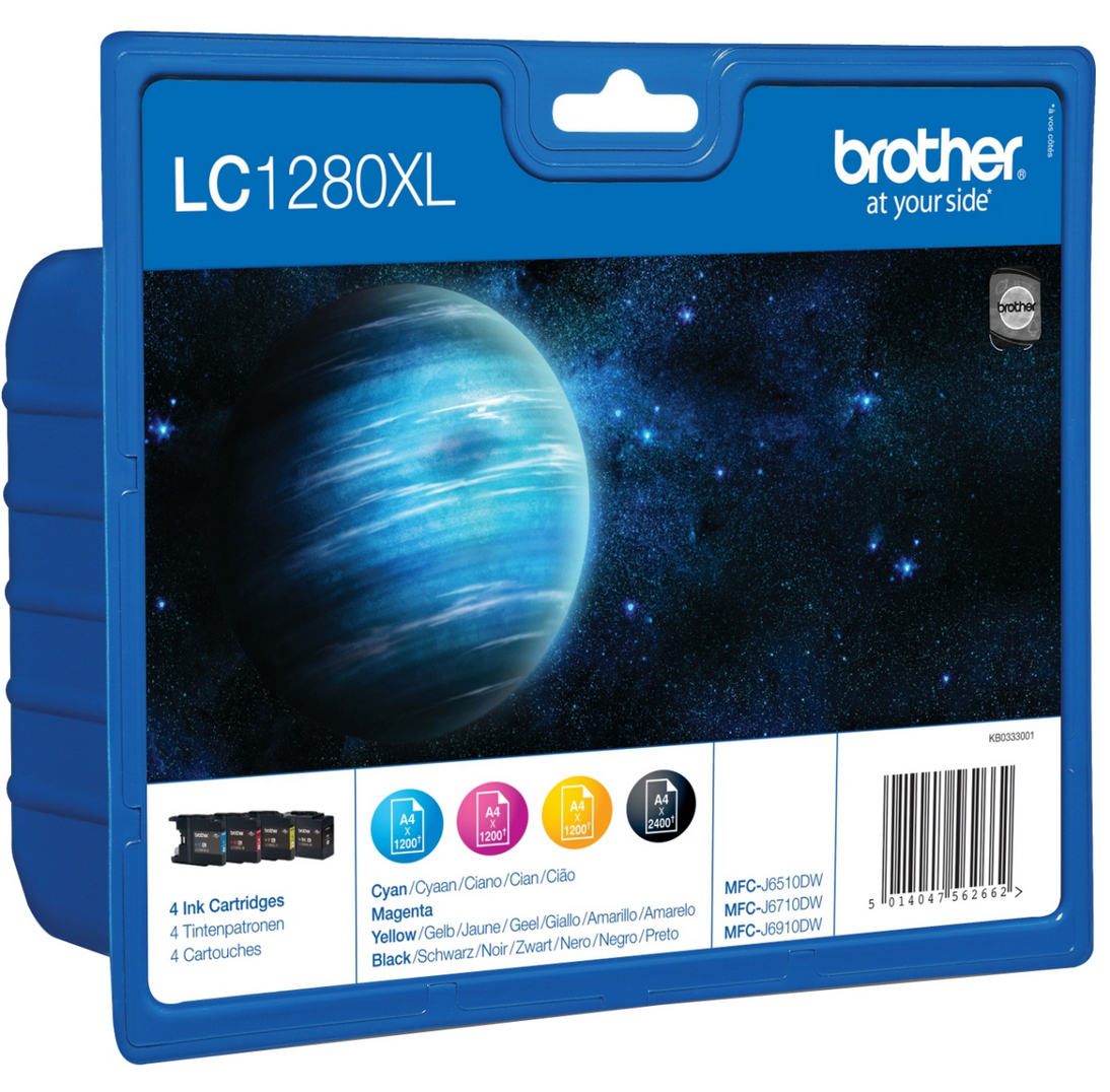 Blaue Brother LC1280XL Tintenpatronenbox. Enthält einen Weltraumhintergrund mit einem Planeten. Informationen zu Tintenfarben und Druckermodellen.
