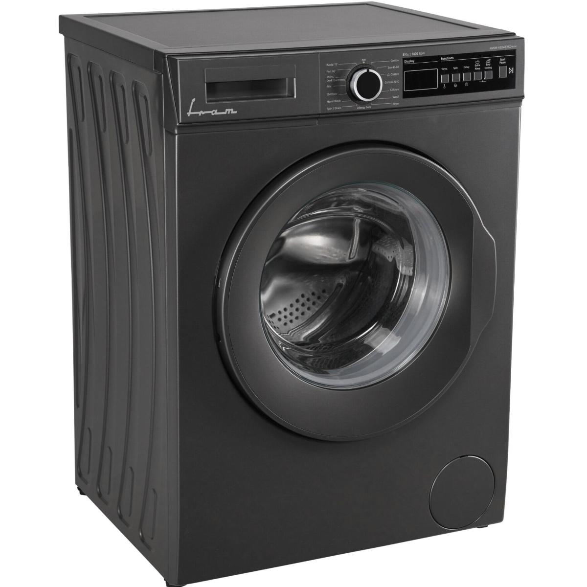 A dark gray washing machine with a glass door. Controls and a display are on the top panel. The drum is visible inside.