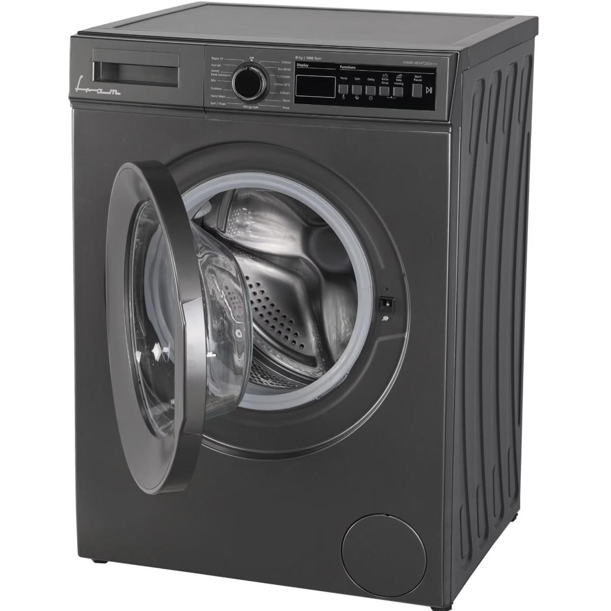 A dark gray washing machine with the door open. The control panel displays various washing options. The machine is on a white surface.