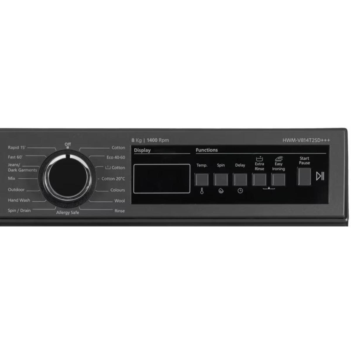 Washing machine control panel. Features include program selection dial, display screen, and function buttons for temperature, spin, delay, etc.