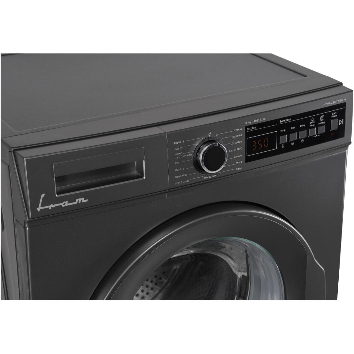 A dark gray washing machine with a display showing 3:50. It has a control knob and various function buttons.