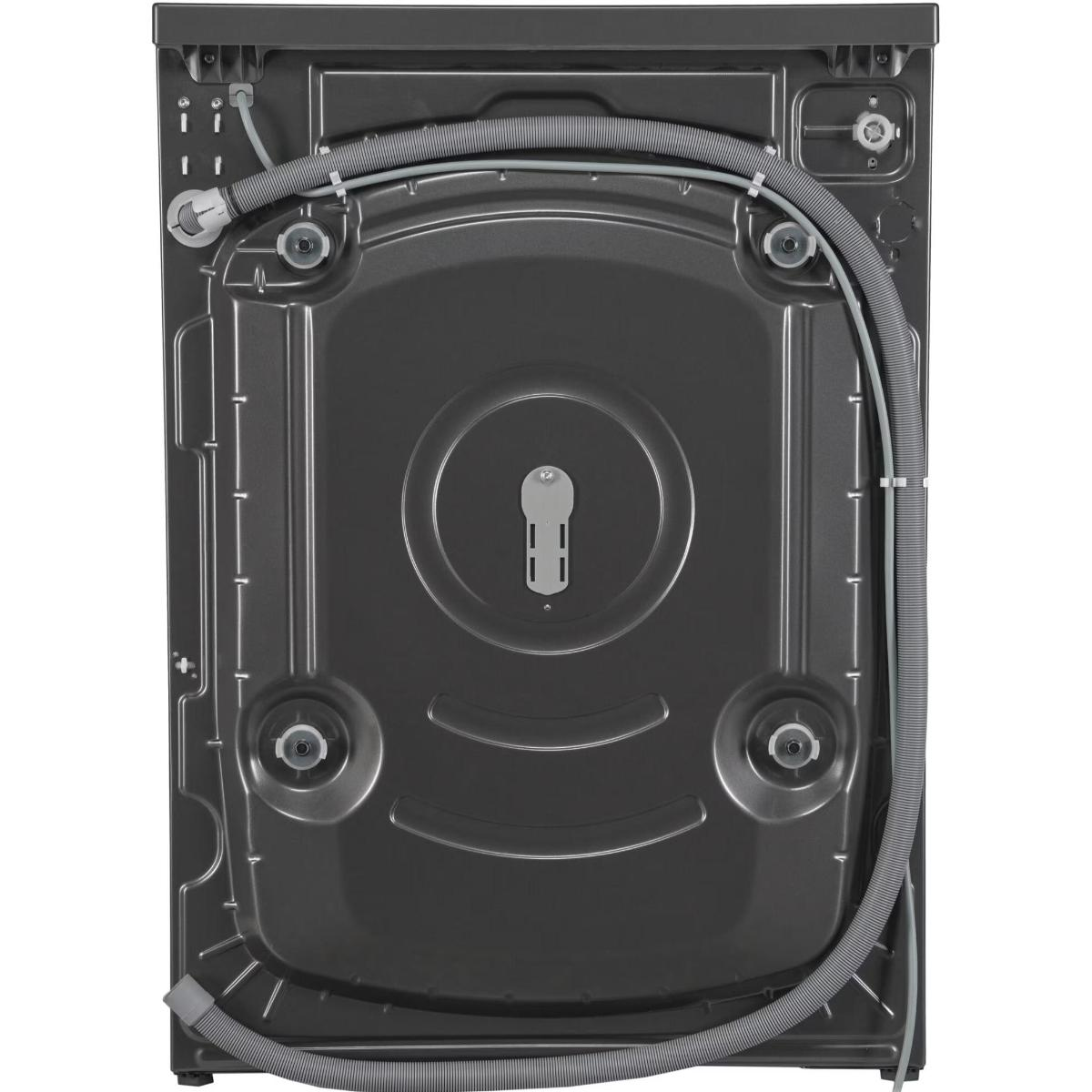 Back of a dark grey washing machine. Features include a central panel, hoses, and various connectors. The design is industrial.