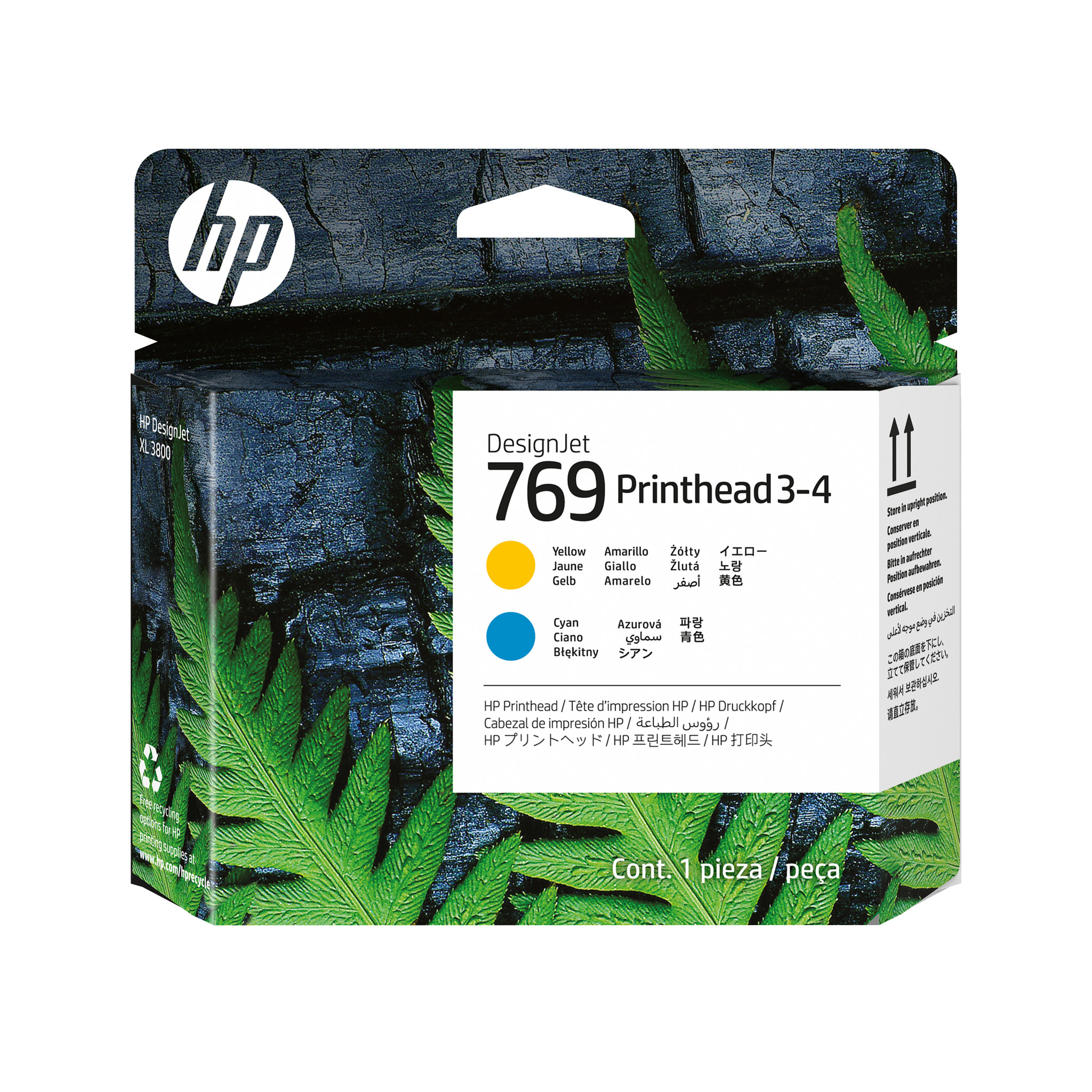Una scatola per testina di stampa HP DesignJet 769. Presenta indicatori di colore giallo e blu, dettagli del prodotto e grafica di felce verde.