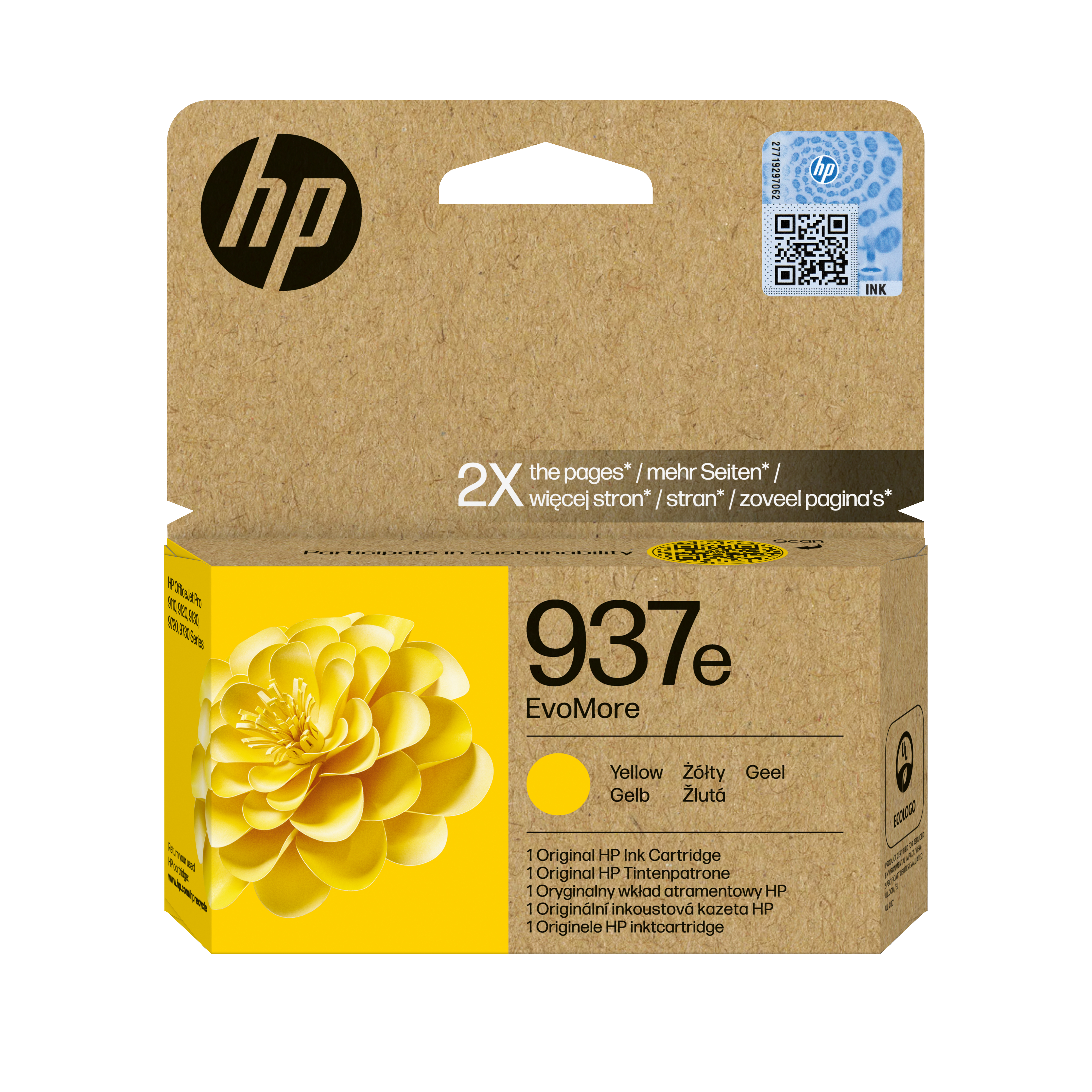 Una scatola di cartucce d'inchiostro HP con immagine di fiore giallo e testo, tra cui '937e EvoMore' e 'Giallo'.