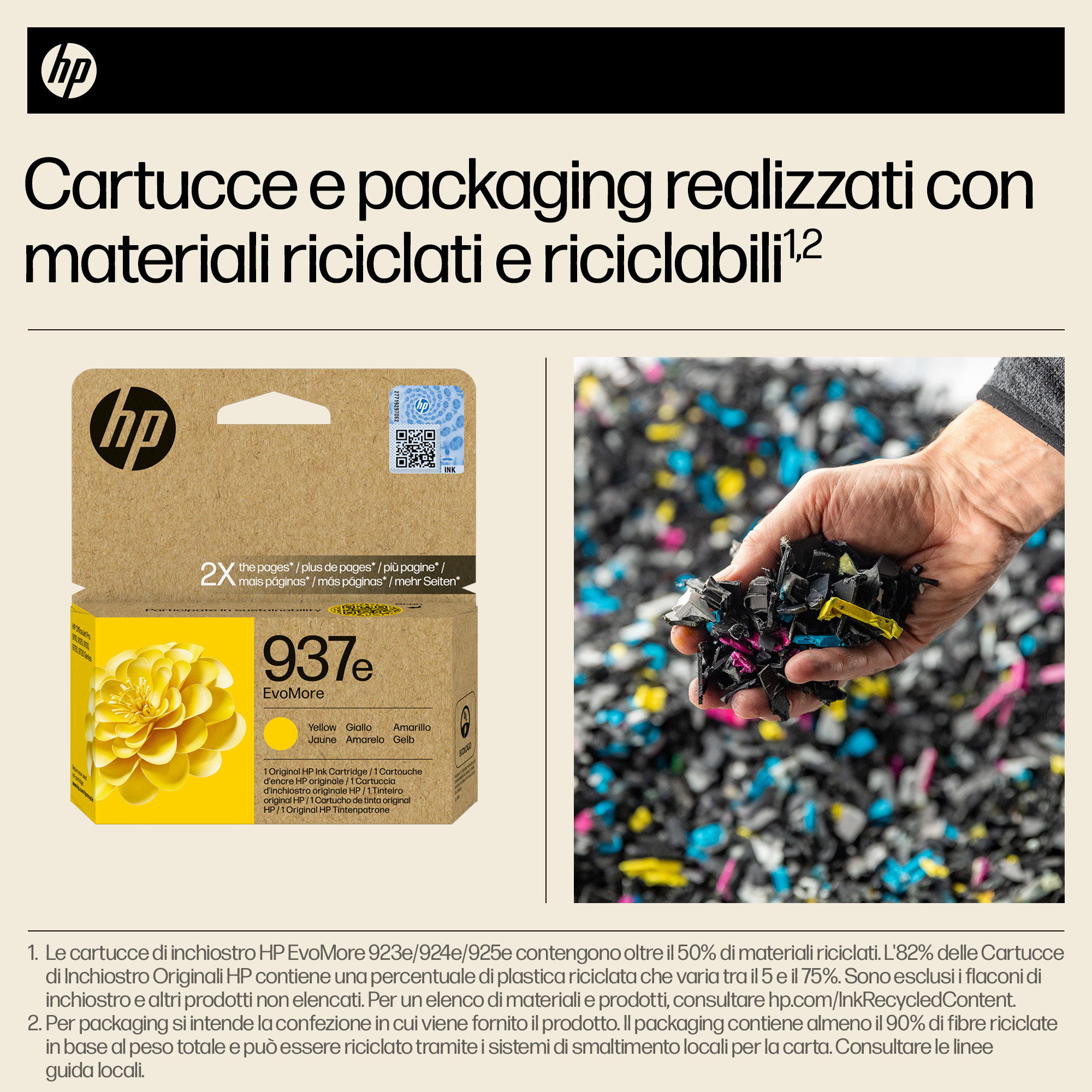 L'immagine mostra una scatola di cartucce d'inchiostro HP e una mano che tiene pezzi di plastica riciclata. Il testo in italiano promuove materiali riciclati.