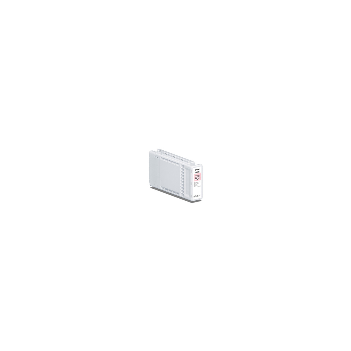 Een witte Epson inktcartridge, type VLM, wordt weergegeven op een witte achtergrond. De cartridge heeft een label met productdetails.