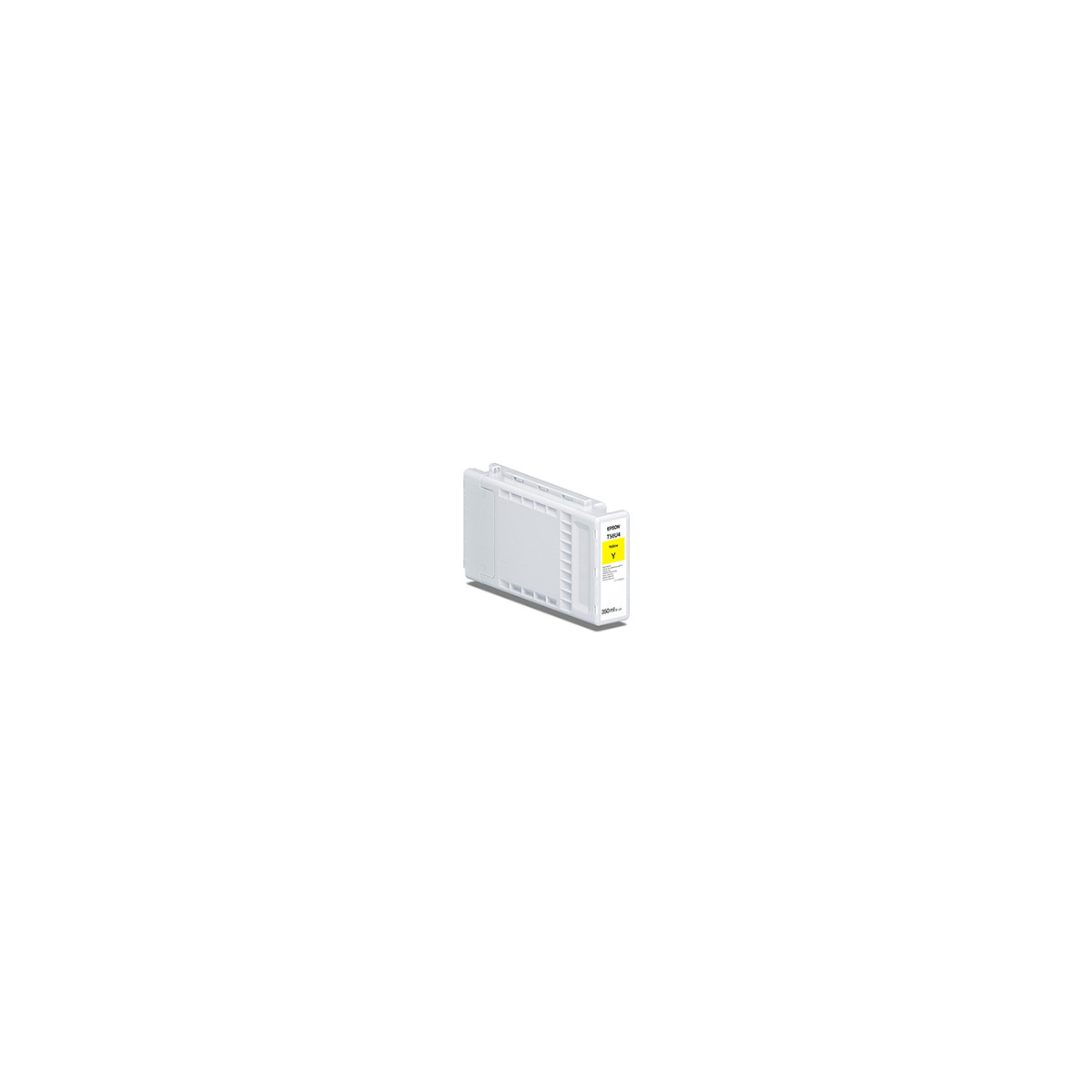 Een witte Epson inktcartridge met gele accenten en de letter 'Y'. De cartridge staat op een witte achtergrond.