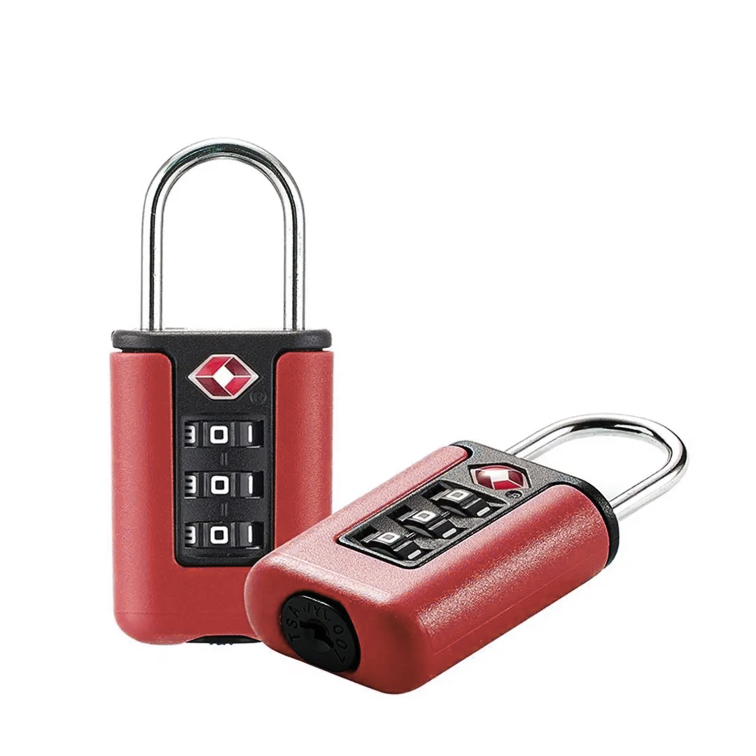 Dos candados de combinación rojos. Uno vertical, el otro inclinado. Ambos tienen aros plateados y paneles numéricos negros. Logotipo de la TSA visible.