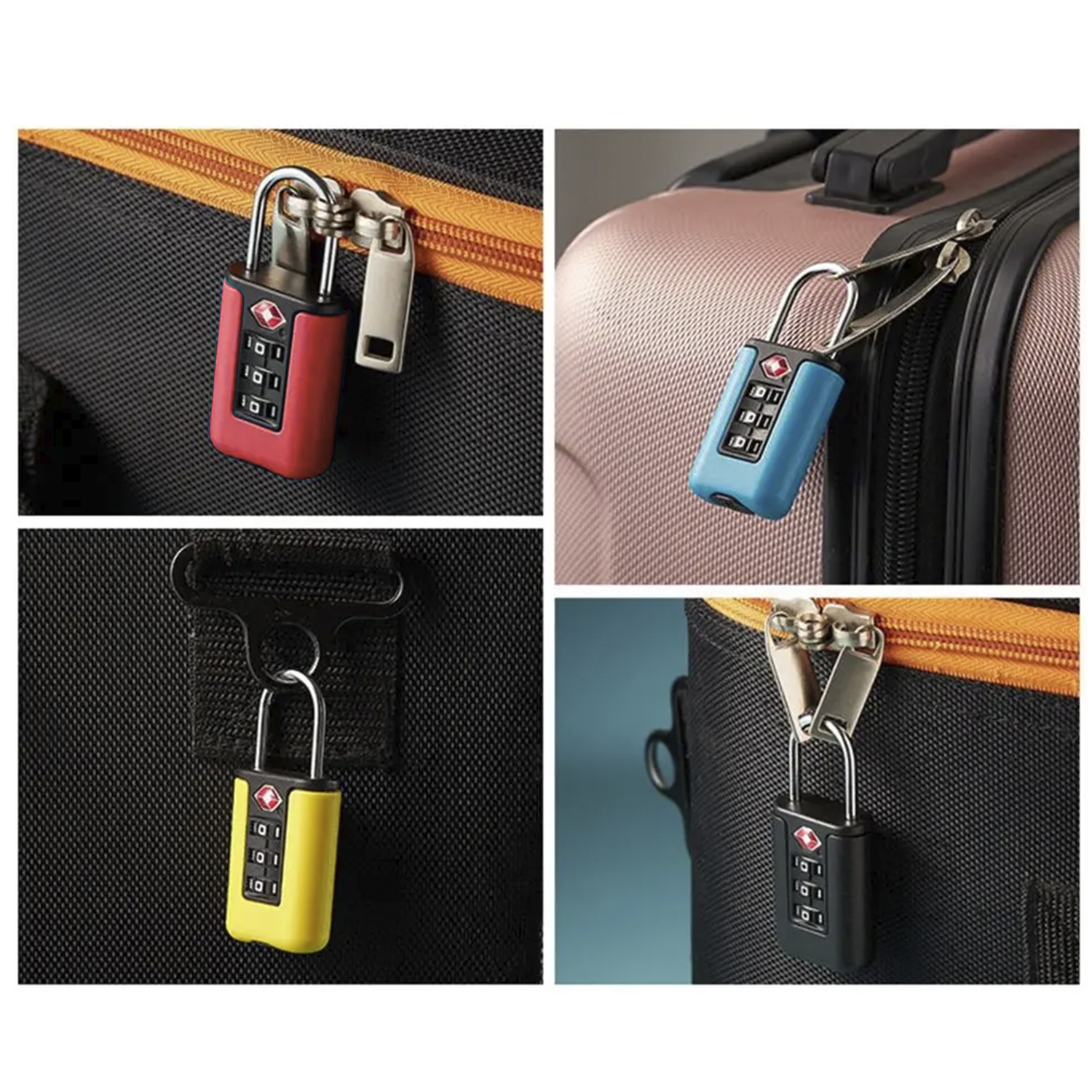 Cuatro imágenes que muestran candados de combinación aprobados por la TSA en rojo, azul, amarillo y negro, adjuntos a cremalleras de equipaje.