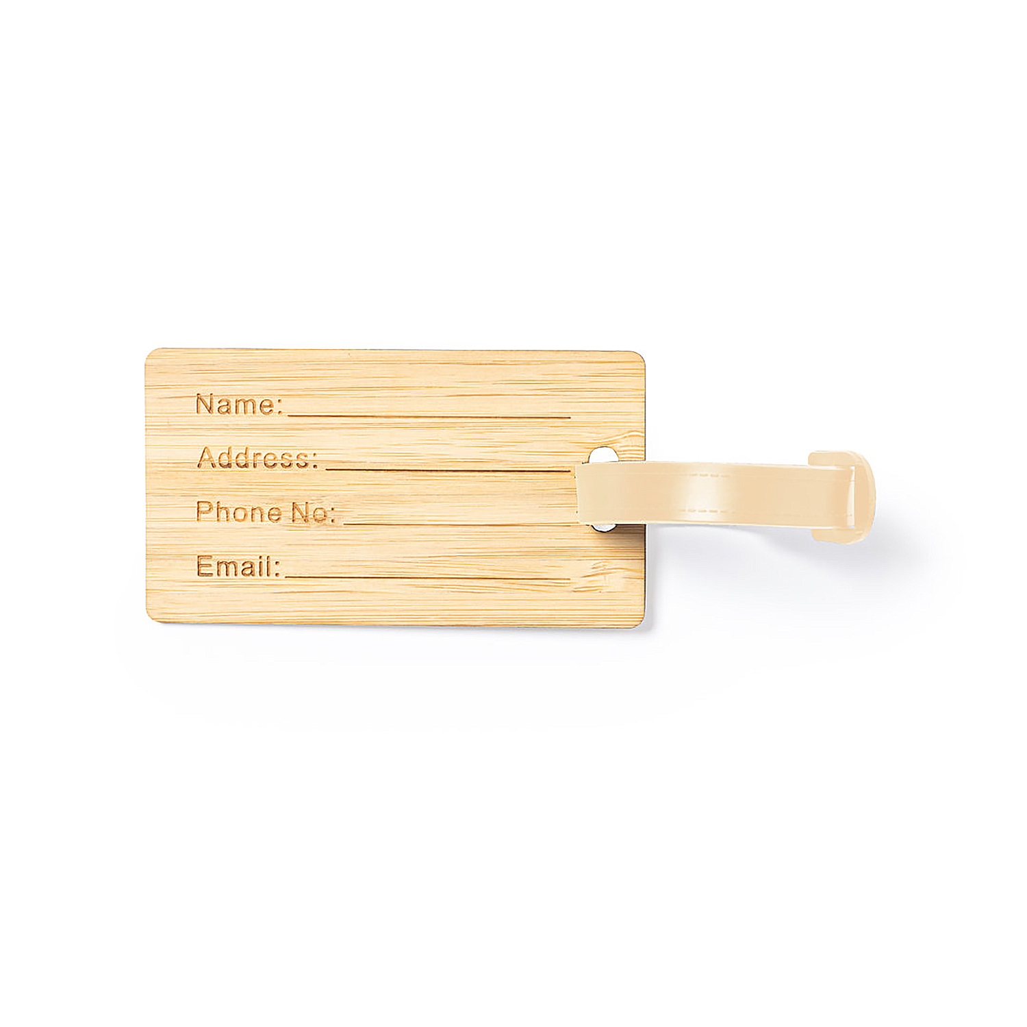 Una etiqueta de equipaje de madera con líneas para nombre, dirección, teléfono y correo electrónico. Tiene una correa beige.